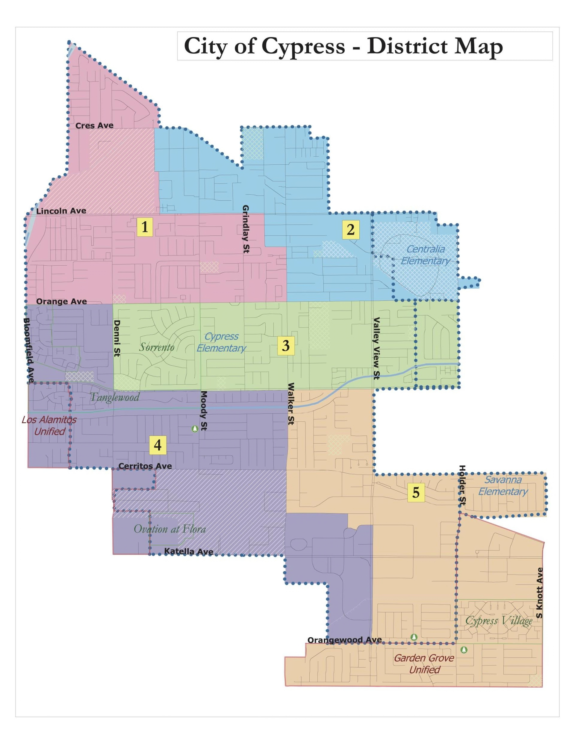 Map of Cypress city divided into five districts, each labeled with a number, showing streets, schools, and neighborhoods with various shaded areas and boundary lines.
