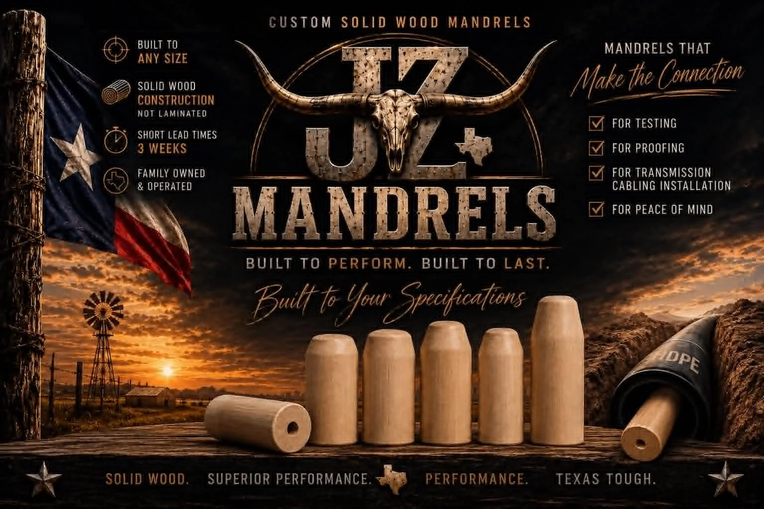 Advertisement for custom solid wood mule and jiz mandrels, featuring their features like built to any size, made of solid wood, family-owned, and used for testing, proofing, wiring installation, and peace of mind. The ad shows a Texas flag and a sunset over a rural landscape, with various wooden mandrels displayed and a rolled-up black plastic tube.
