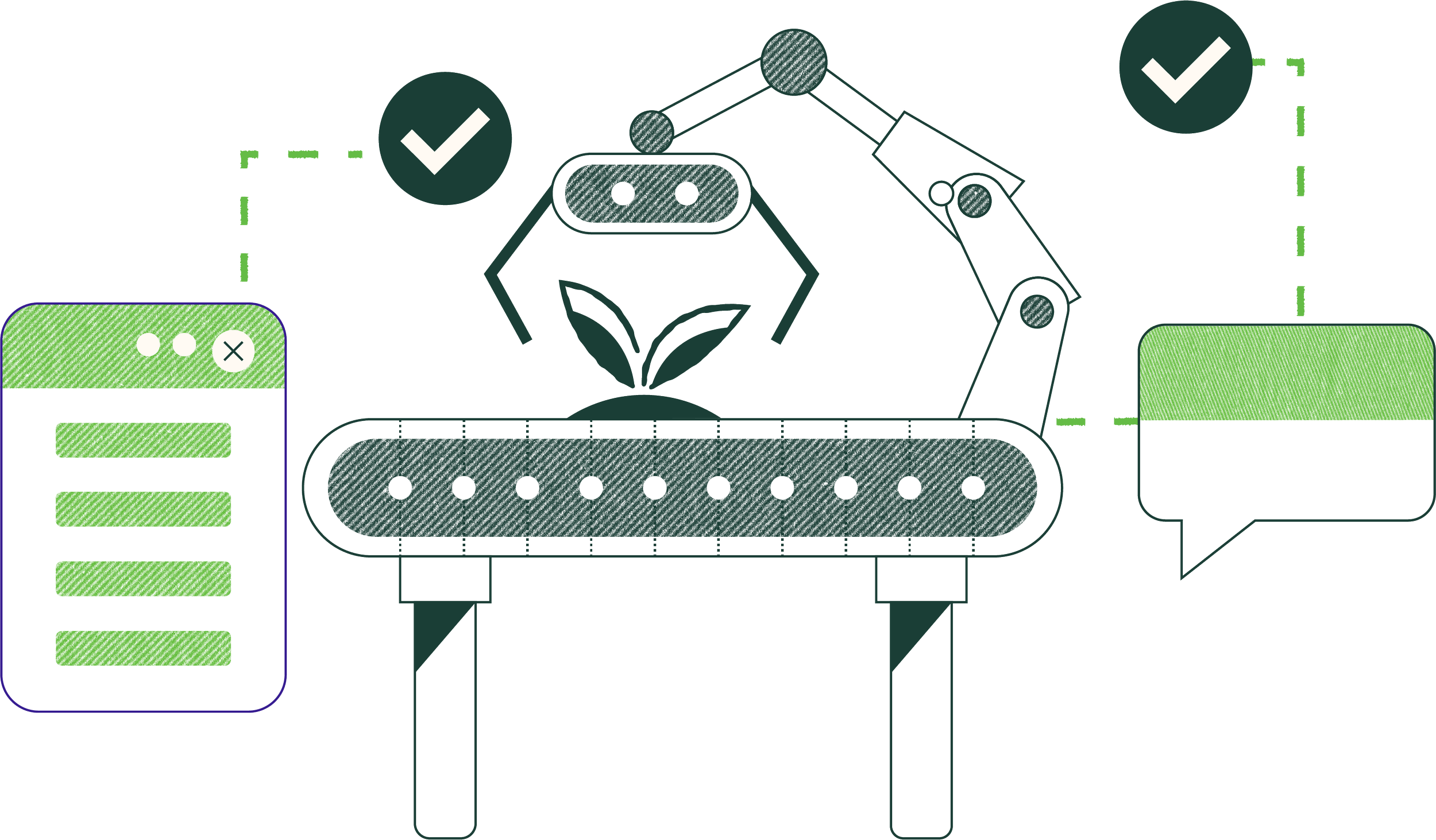 Diagram of a robotic arm with checkmarks indicating proper operation, a conveyor belt with a grid of holes, and color-coded pipes or flow indicators.
