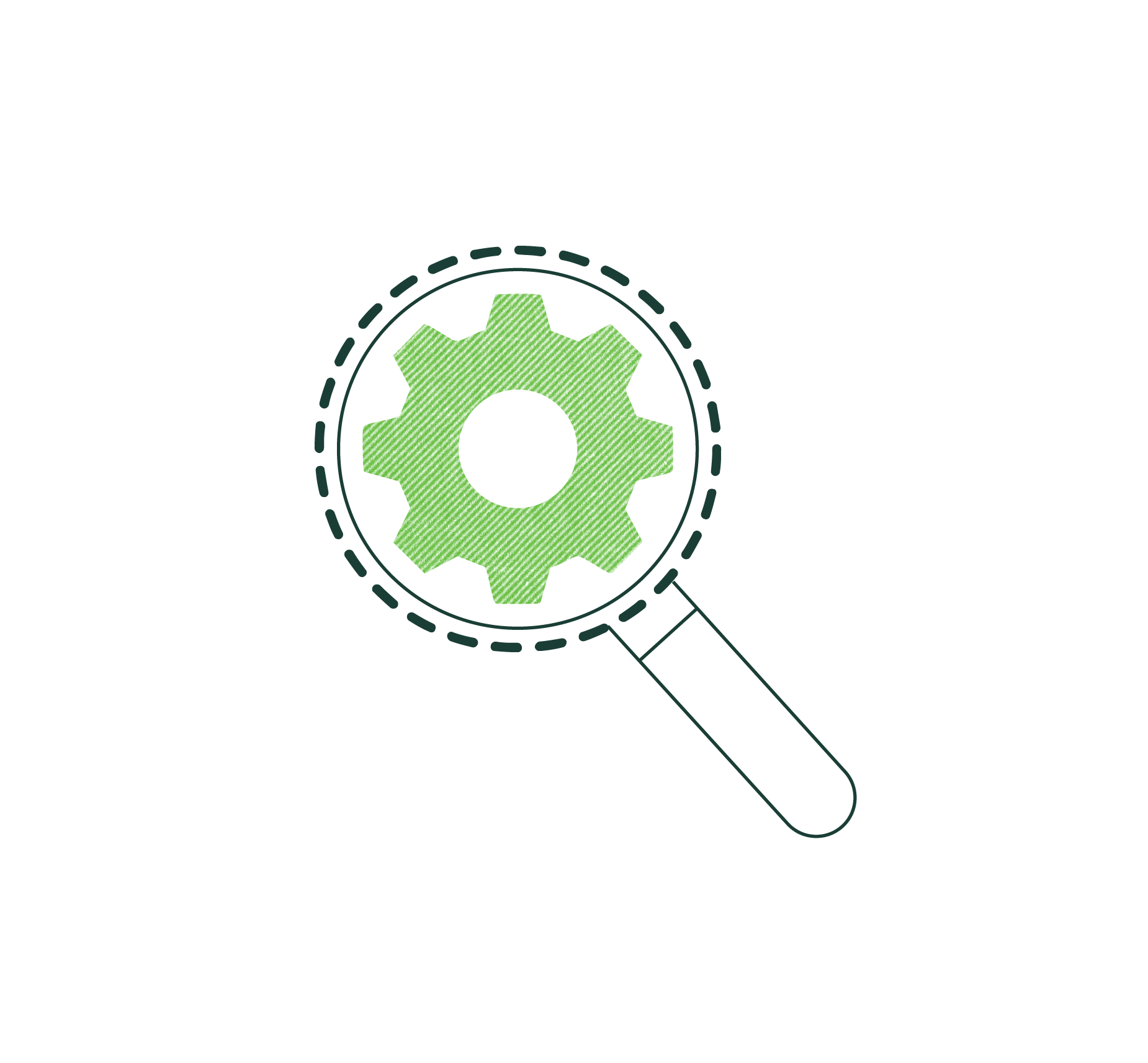 A magnifying glass focusing on a gear symbol, representing technical or mechanical settings.