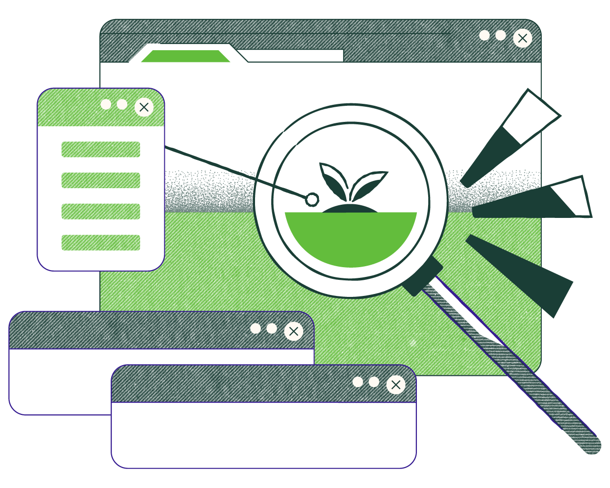 Illustration of a computer screen with research windows, zoomed-in magnifying glass showing a plant sprout, symbolizing gardening or plant growth research.