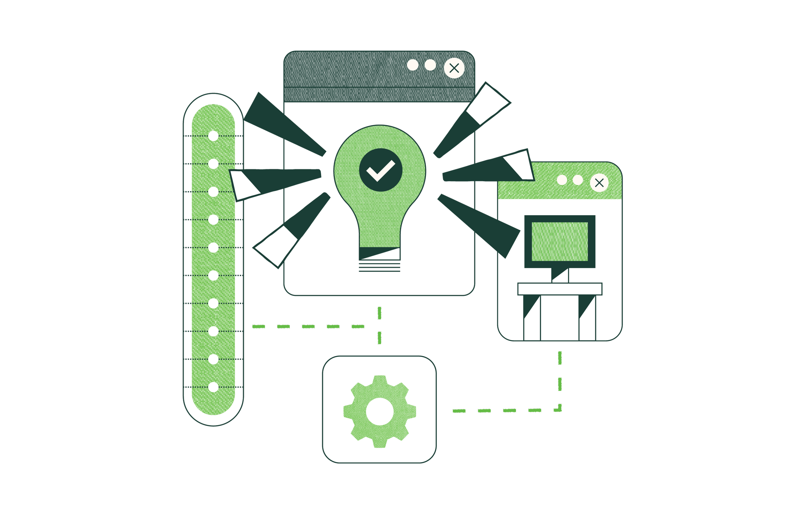 Digital illustration showing a lightbulb with check mark surrounded by icons of a webpage, a computer, a gear, and a conveyor belt, representing technology and innovation.
