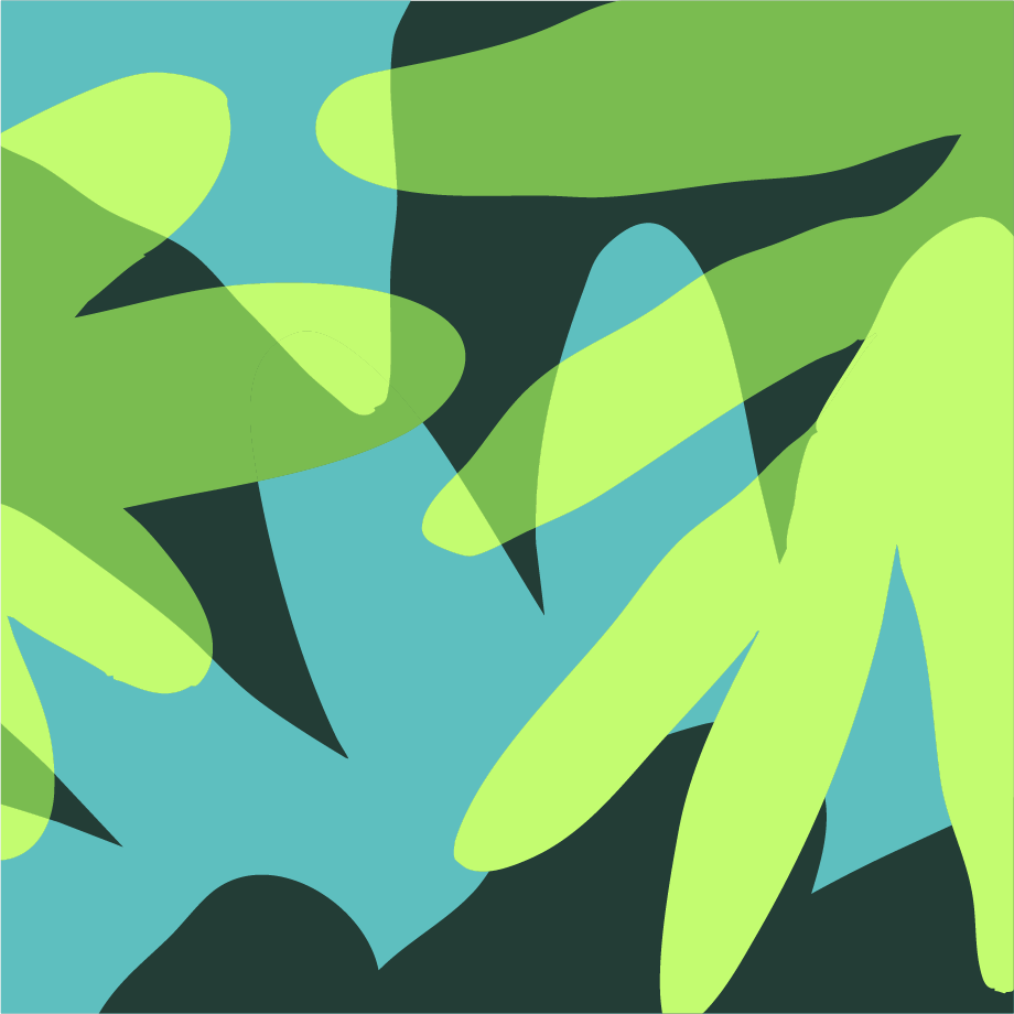 Abstract digital artwork featuring overlapping lime green, dark green, and light blue shapes.