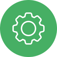 White gear icon on a green circular background.