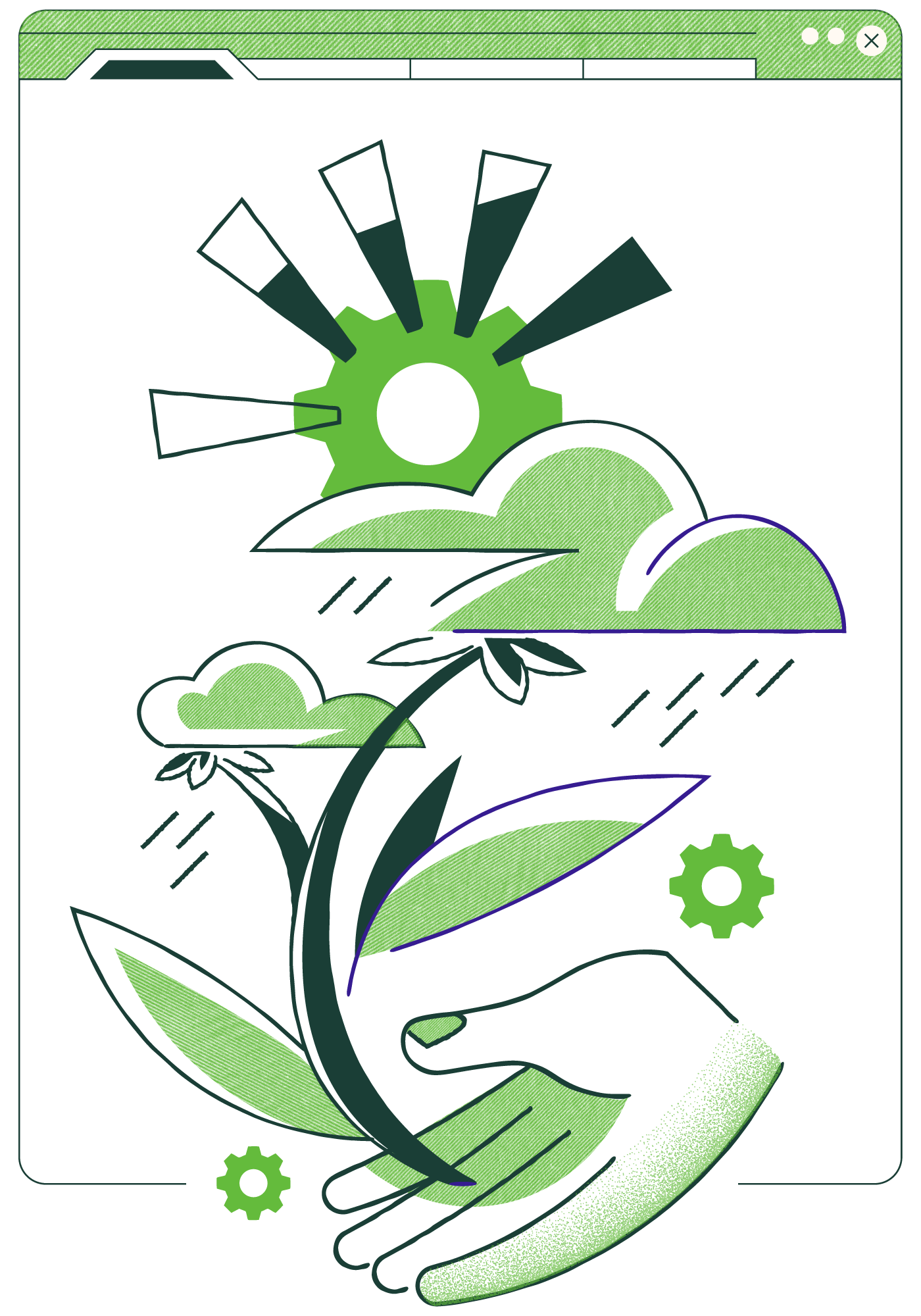 Digital illustration of a hand holding a smartphone showing a gear and a landscape with hills, clouds, and rain, with gears and leaves around.