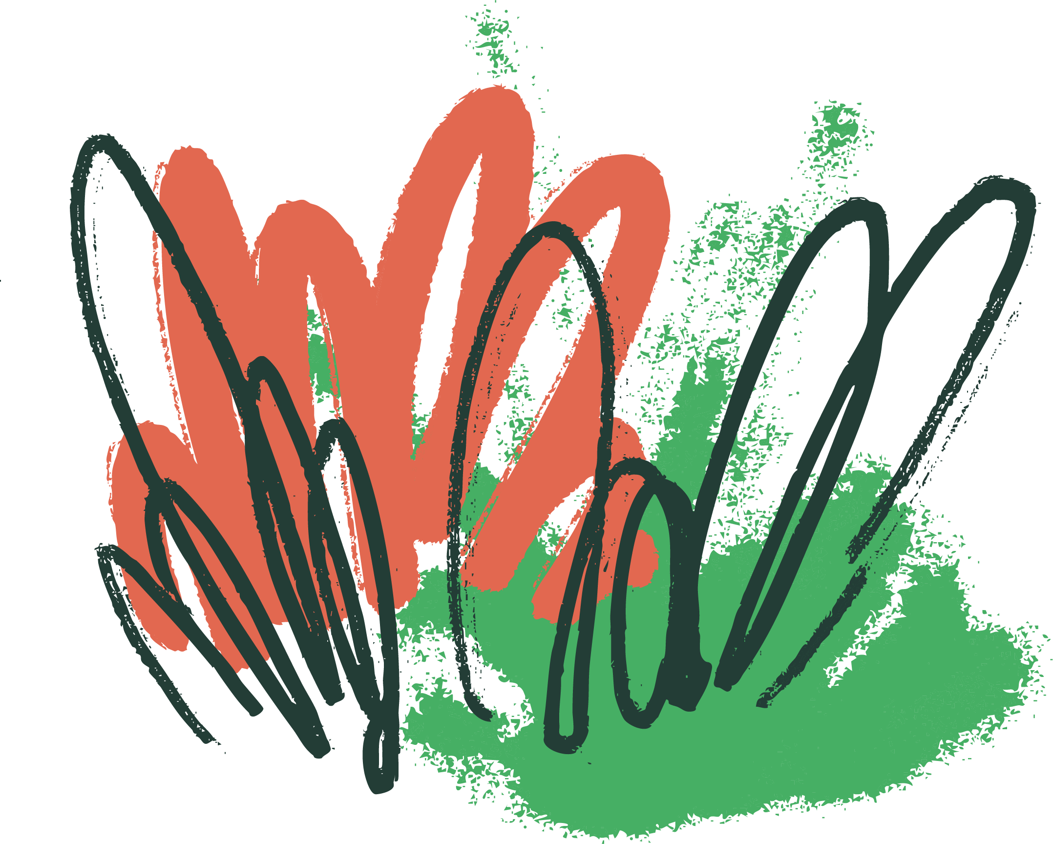 Abstract digital artwork featuring stylized plant shapes in shades of orange, green, and black with textured details.