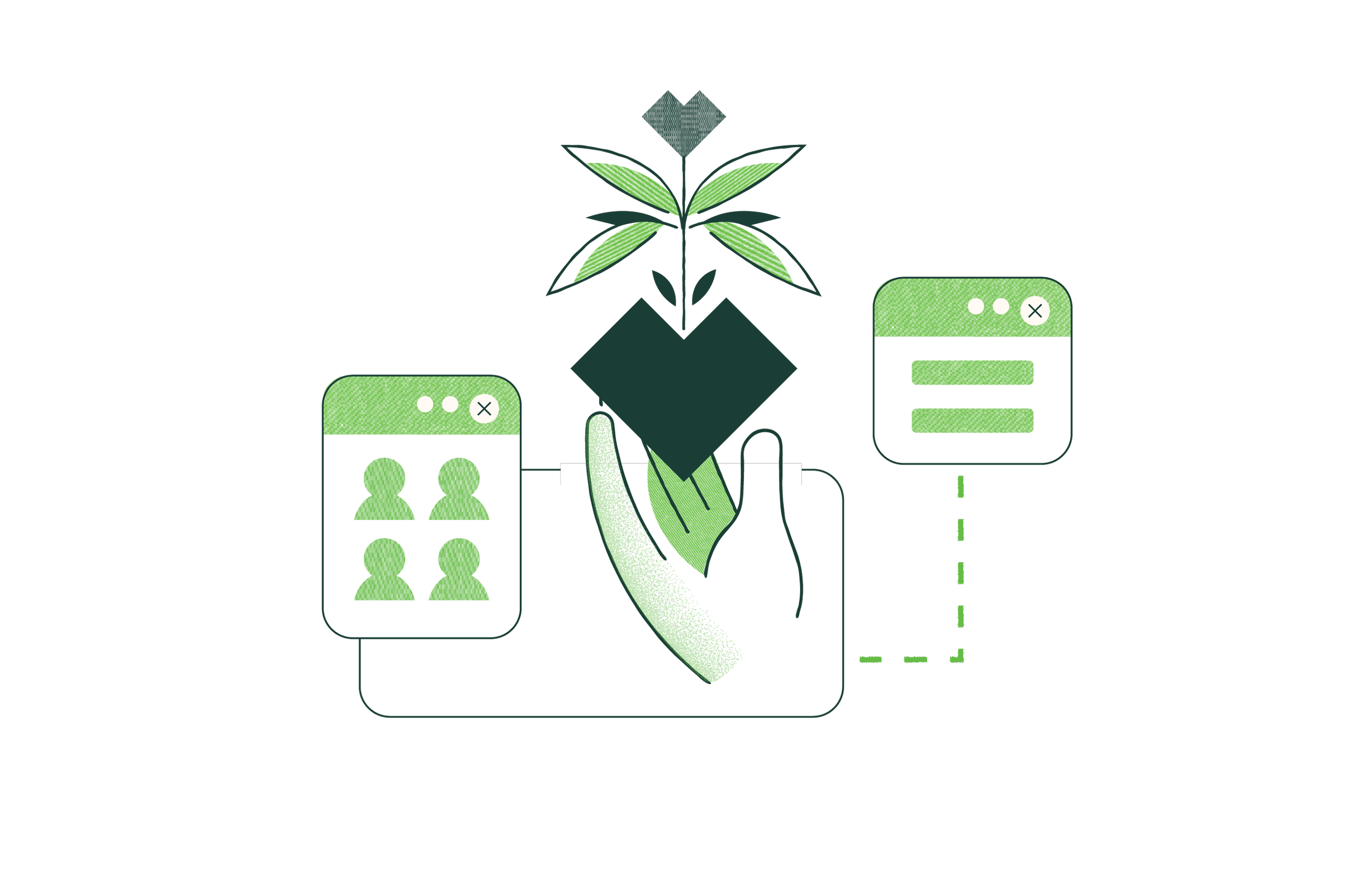 Stylized digital illustration of a hand interacting with a virtual interface, featuring icons of user profiles and chat windows, with a central geometric shape and green highlights.