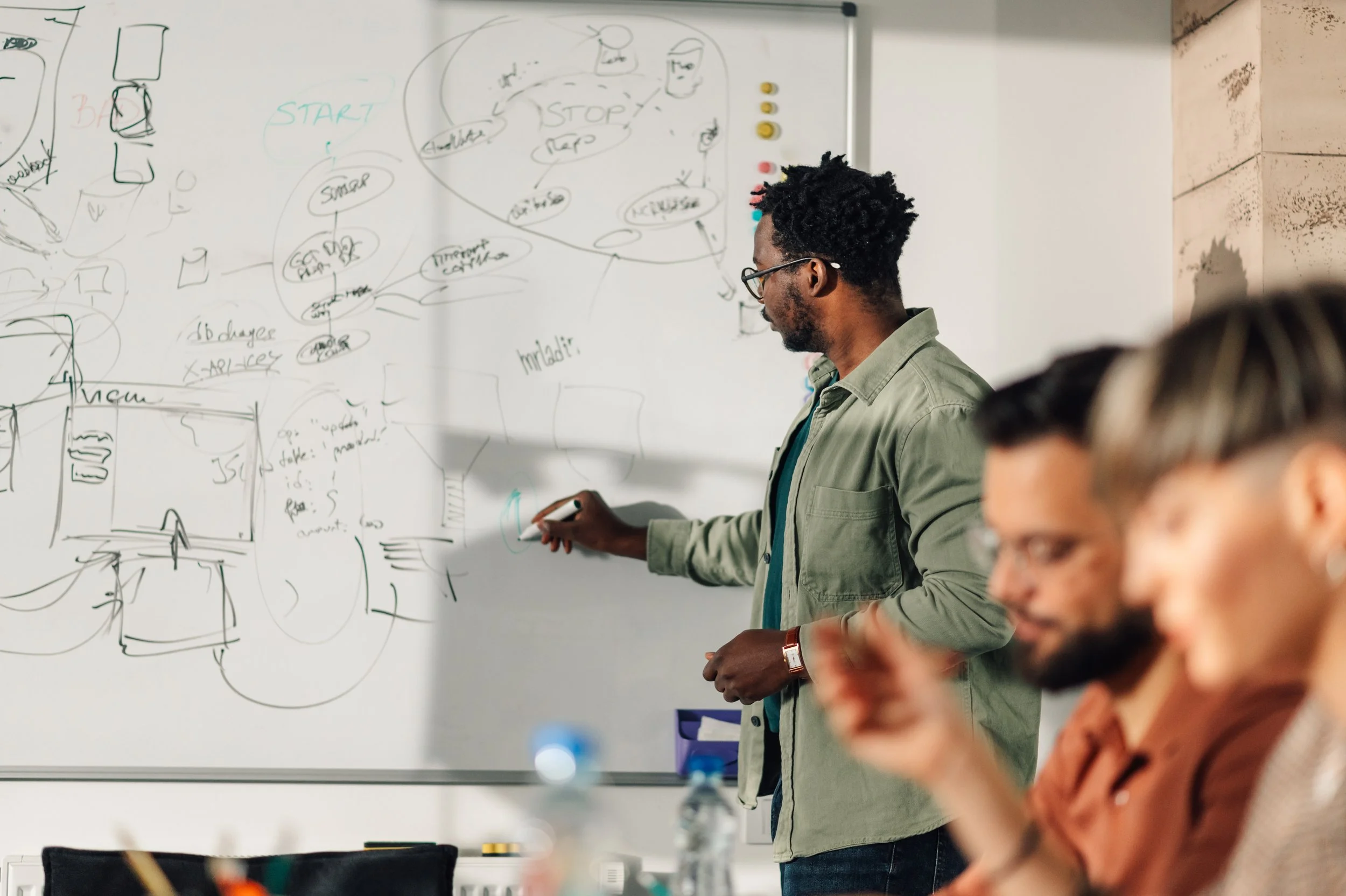 A man with glasses and a beard, wearing a green jacket, writes on a whiteboard filled with diagrams and notes. Several people are in the foreground, watching or listening.