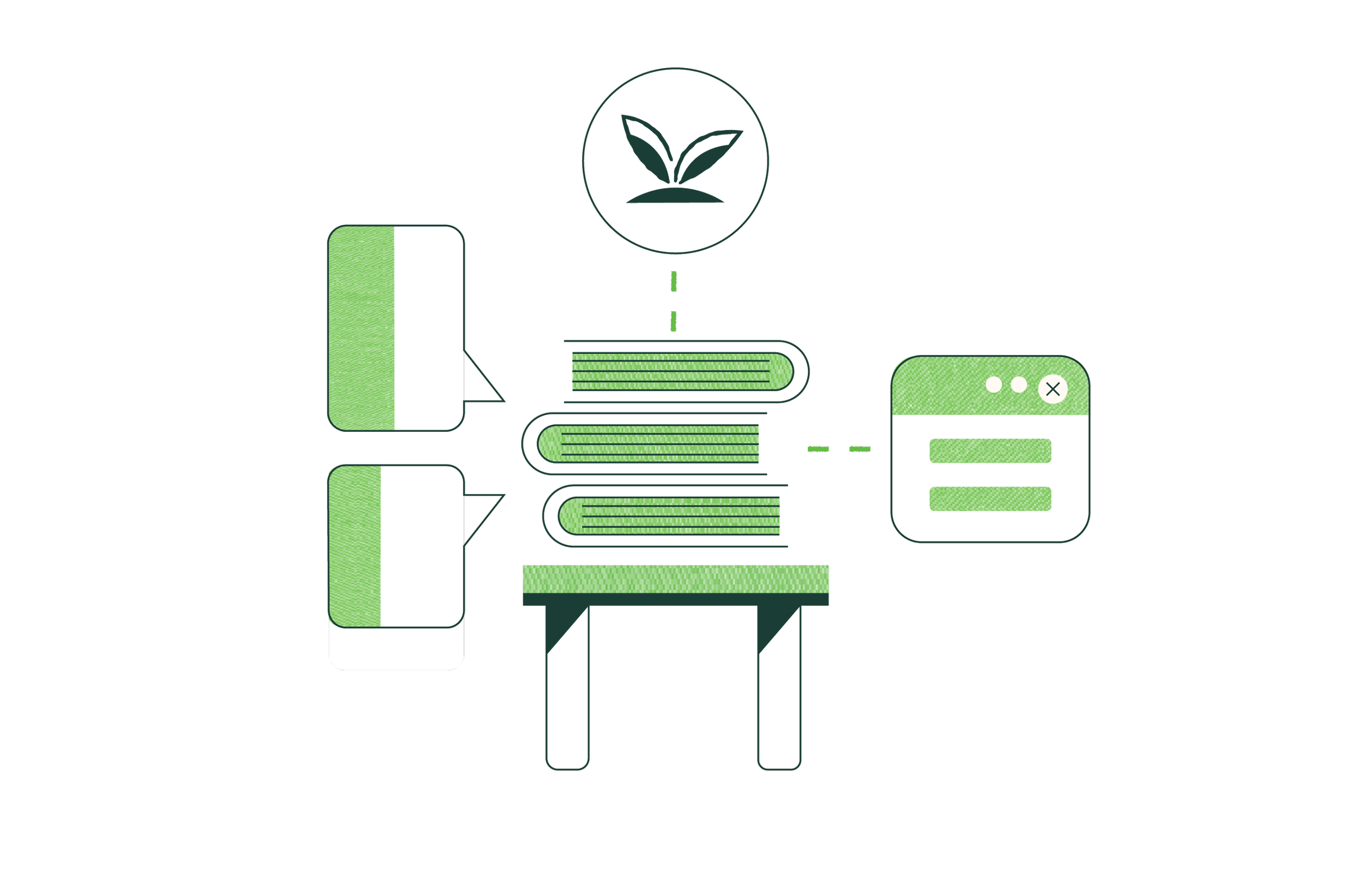 A digital illustration of a plant growing in soil with a circular logo above it, alongside various green, white, and red graphical elements including mobile app interfaces.