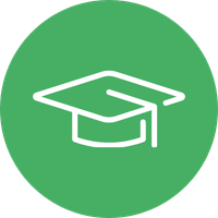 White graduation cap icon on green circular background.