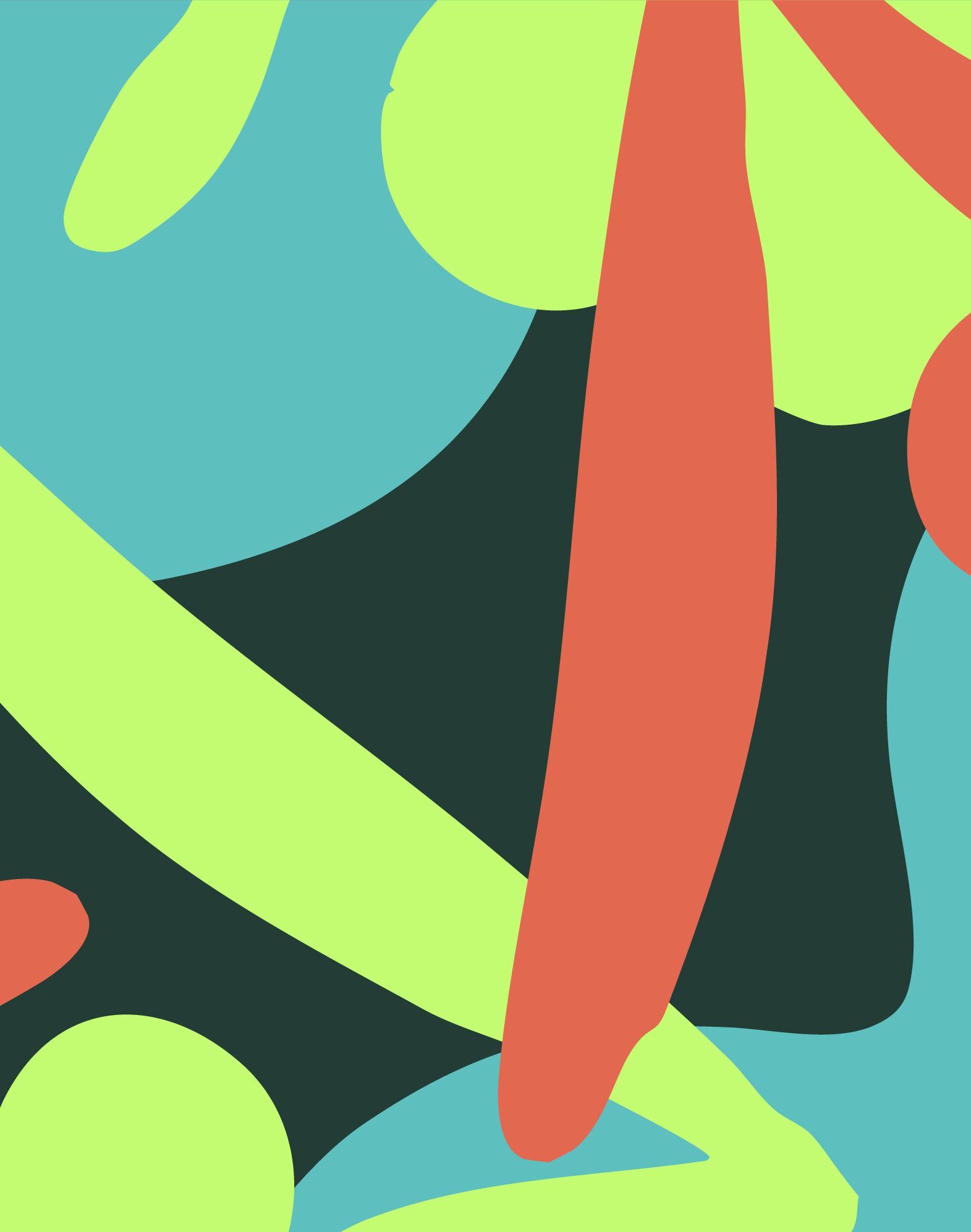 An abstract artwork with various irregular shapes and colors including green, blue, black, and red.