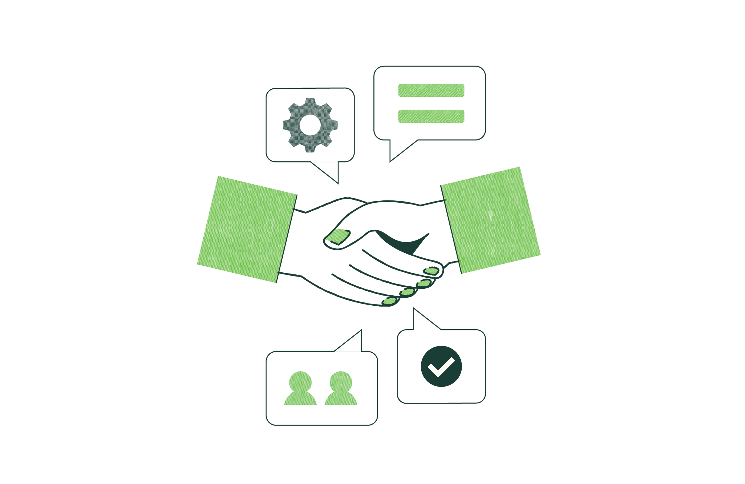 A digital illustration depicting a handshake surrounded by icons representing settings, communication, people, and approval.