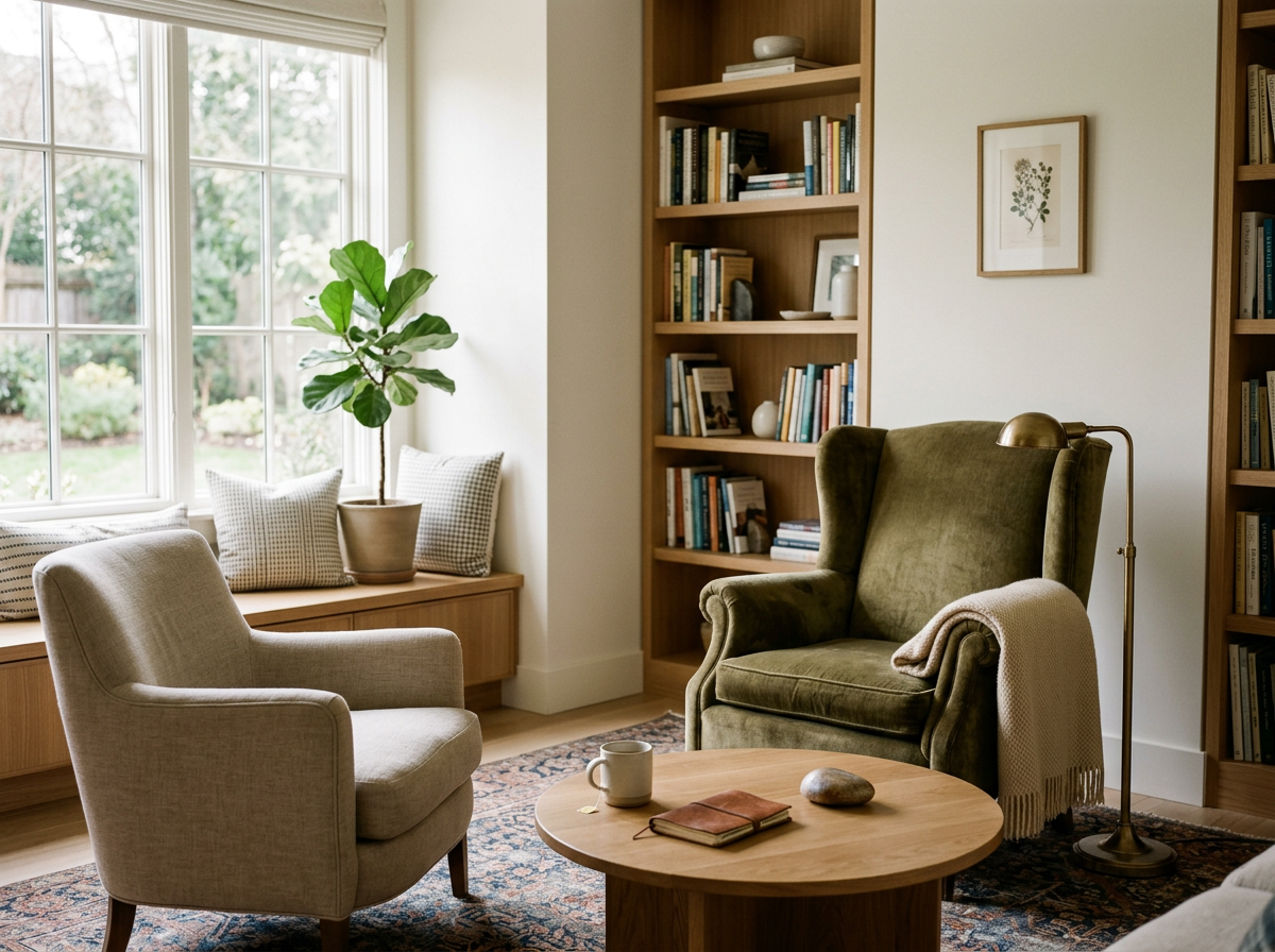 Cozy living room with a large window, green armchair, beige armchair, wooden bookshelves filled with books, a window seat with cushions, a small round wooden coffee table with a mug, notebook, and a rock, and a floor lamp.