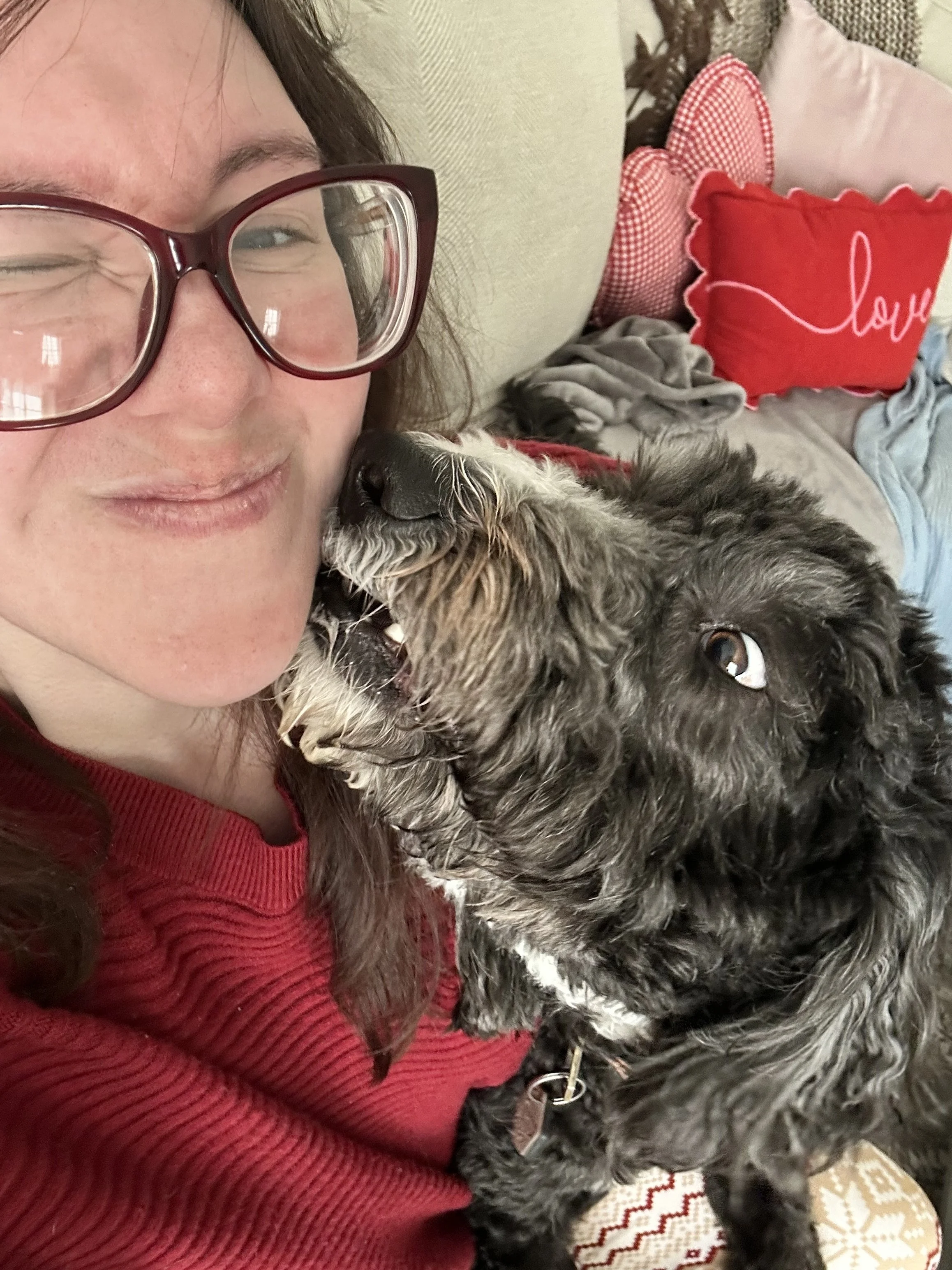 A woman with glasses, partially smiling, lying close to a black and gray dog with curly fur, on a sofa with cushions.
