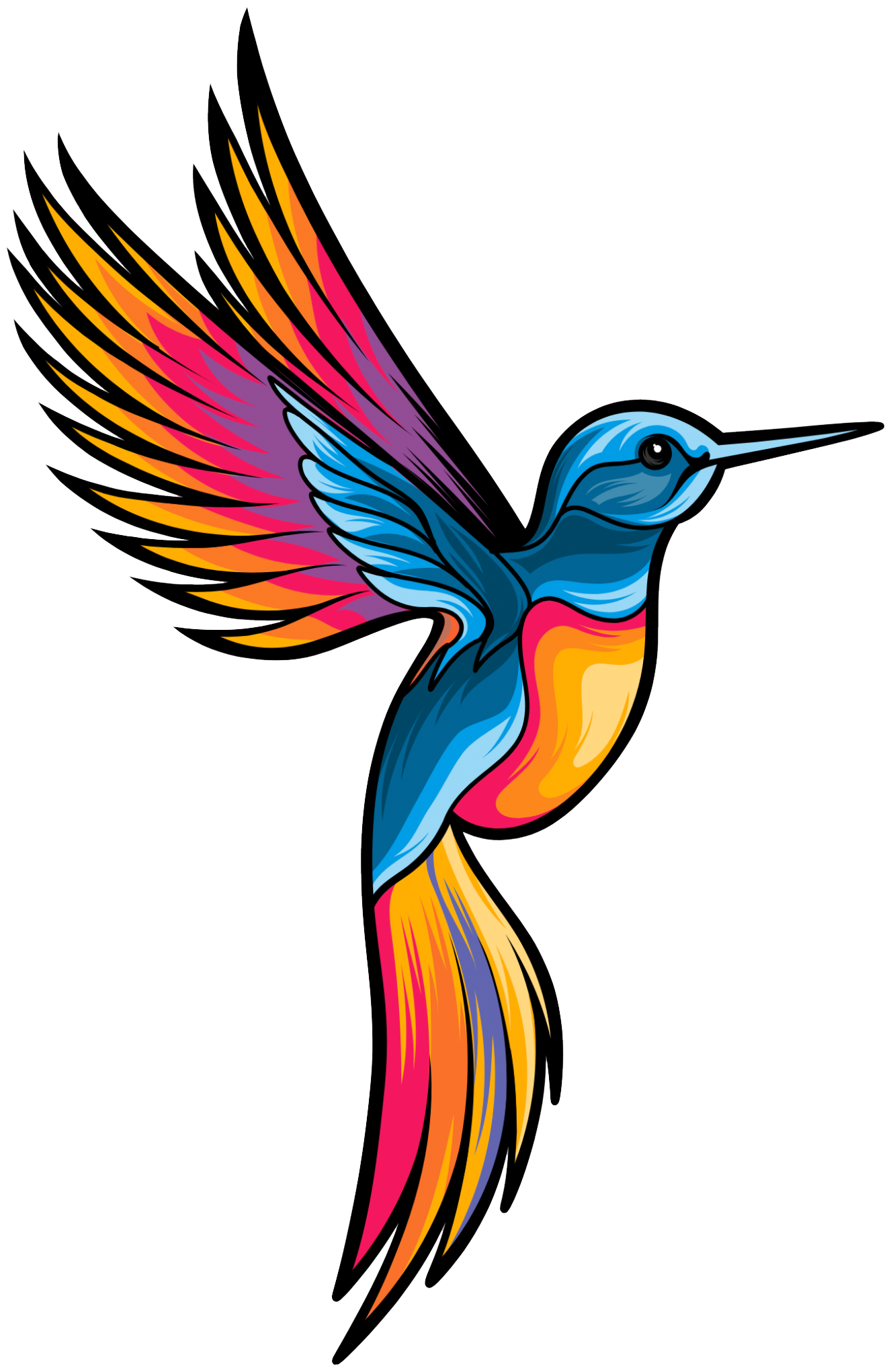 Colorful illustration of a hummingbird with vibrant blue, pink, yellow, and orange feathers, flying against a black background.