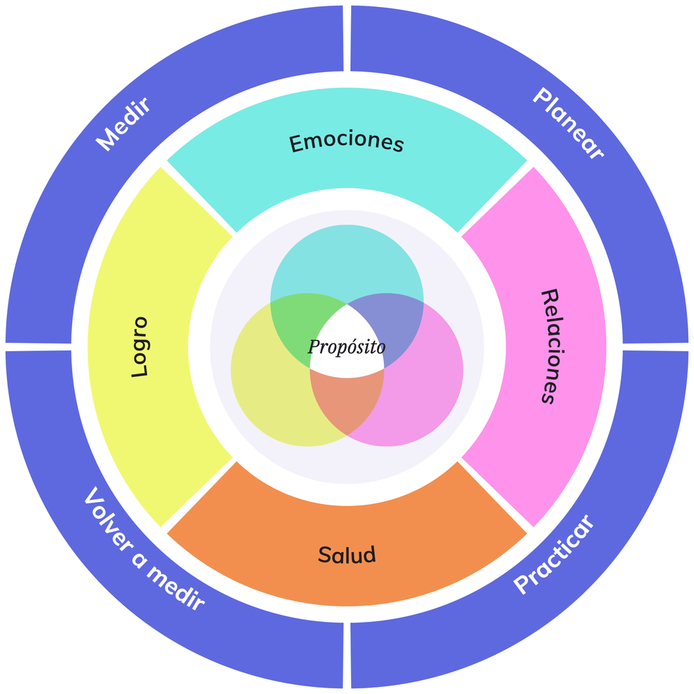 Diagrama del Método Tess: medir, planear, practicar y volver a medir alrededor de cuatro pilares y el propósito