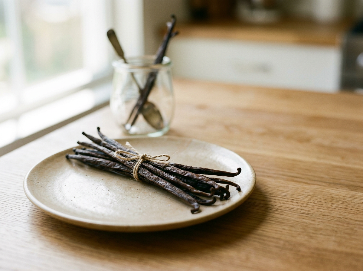 Vanilla beans on a beige plate on a wooden table, with a jar containing utensils in the background.