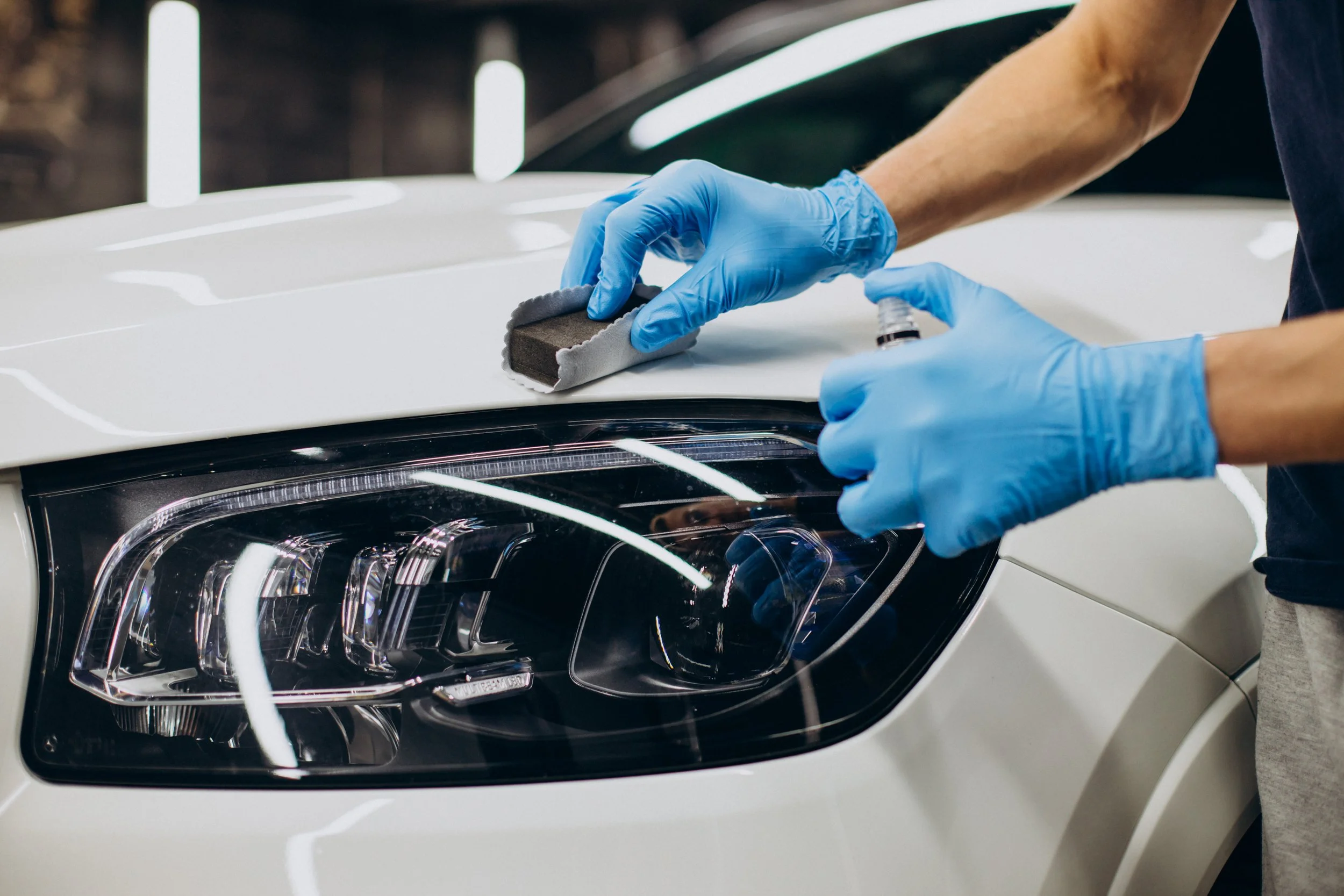 A person wearing blue gloves is polishing the headlight of a white car with a polishing pad.