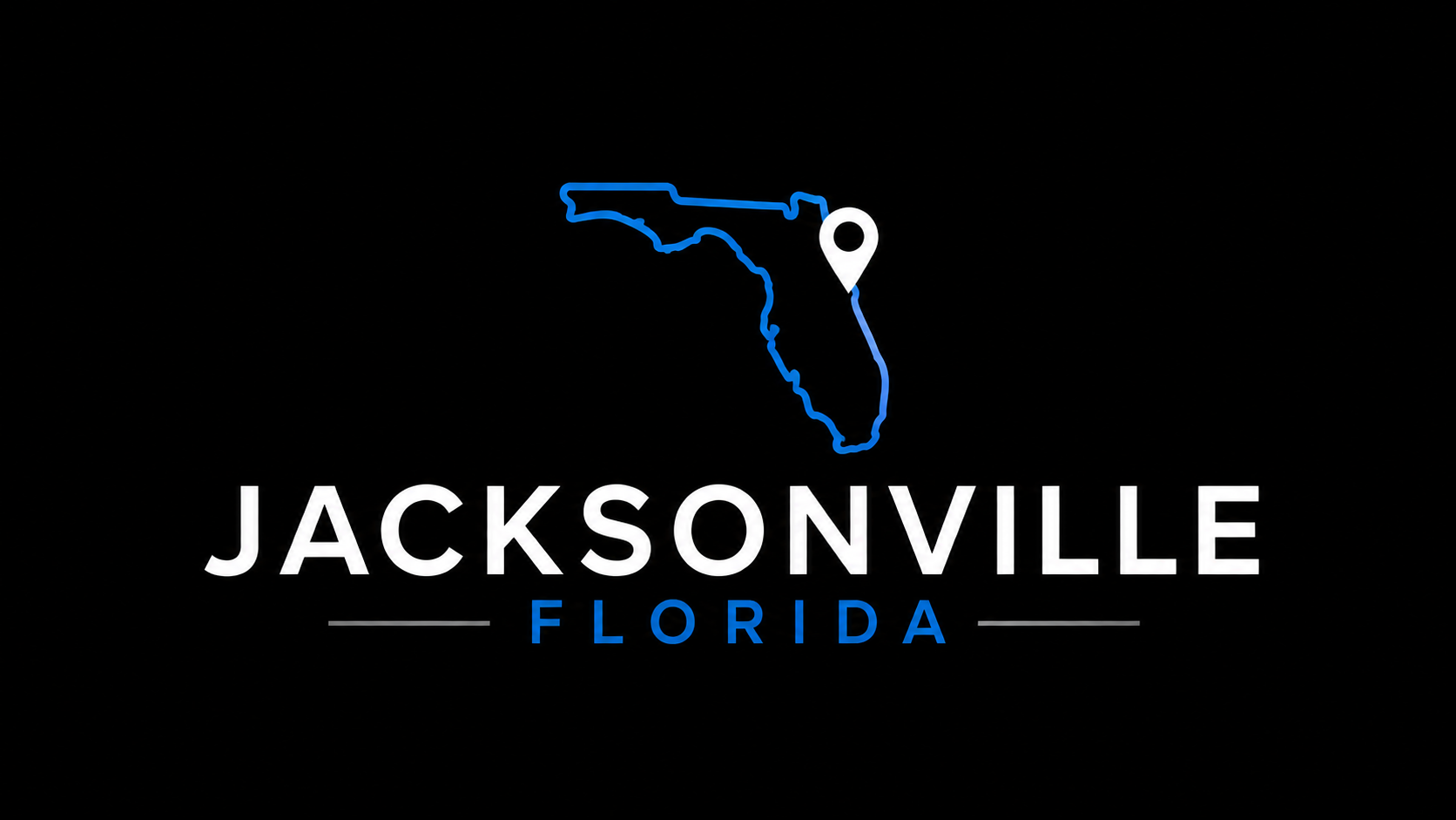 A digital graphic of a black background featuring a neon outline map of Florida with a location pin, and the words 'JACKSONVILLE FLORIDA' written below in bold white and blue letters.