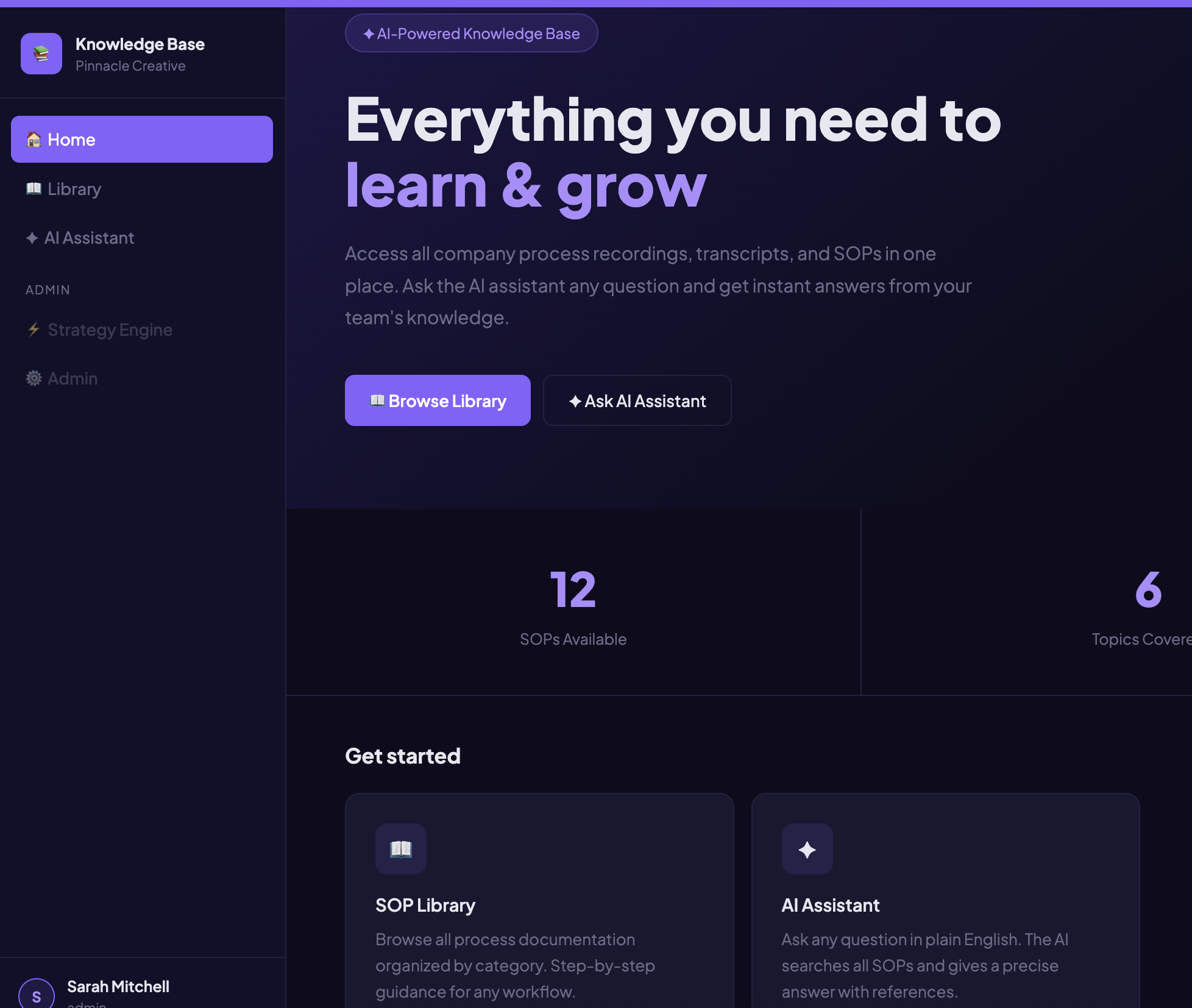 Screenshot of a software interface with a dark background, featuring a sidebar on the left, a main content area with large text saying "Everything you need to learn & grow" and buttons labeled 'Browse Library' and 'Ask AI Assistant'.