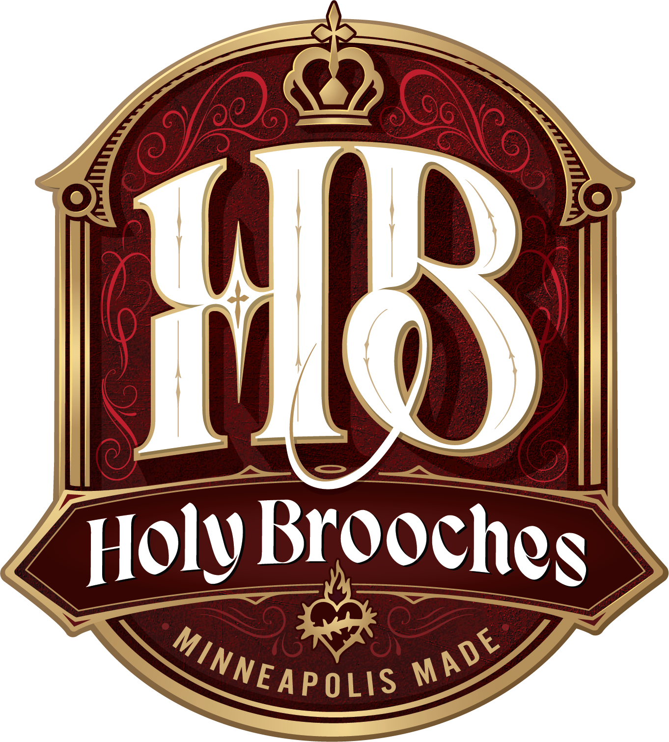 A decorative logo featuring the words 'Holy Brooche' with a large 'HB' monogram at the top, a crown, and ornate flourishes, indicating it is a Minneapolis-based product.