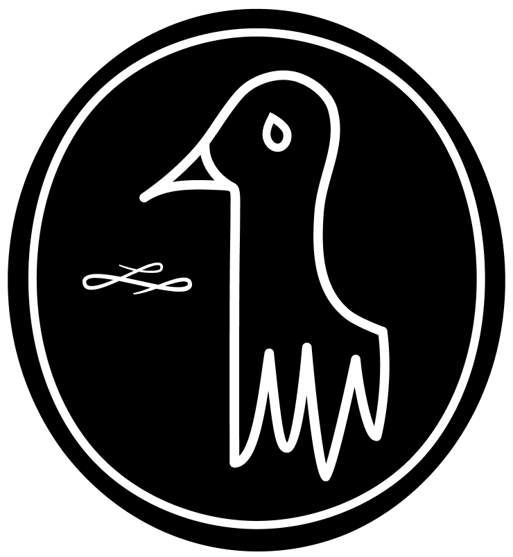 Black circle logo featuring a stylized white duck head with a tear under its eye, and a small arrow or swirl to the left of the duck.