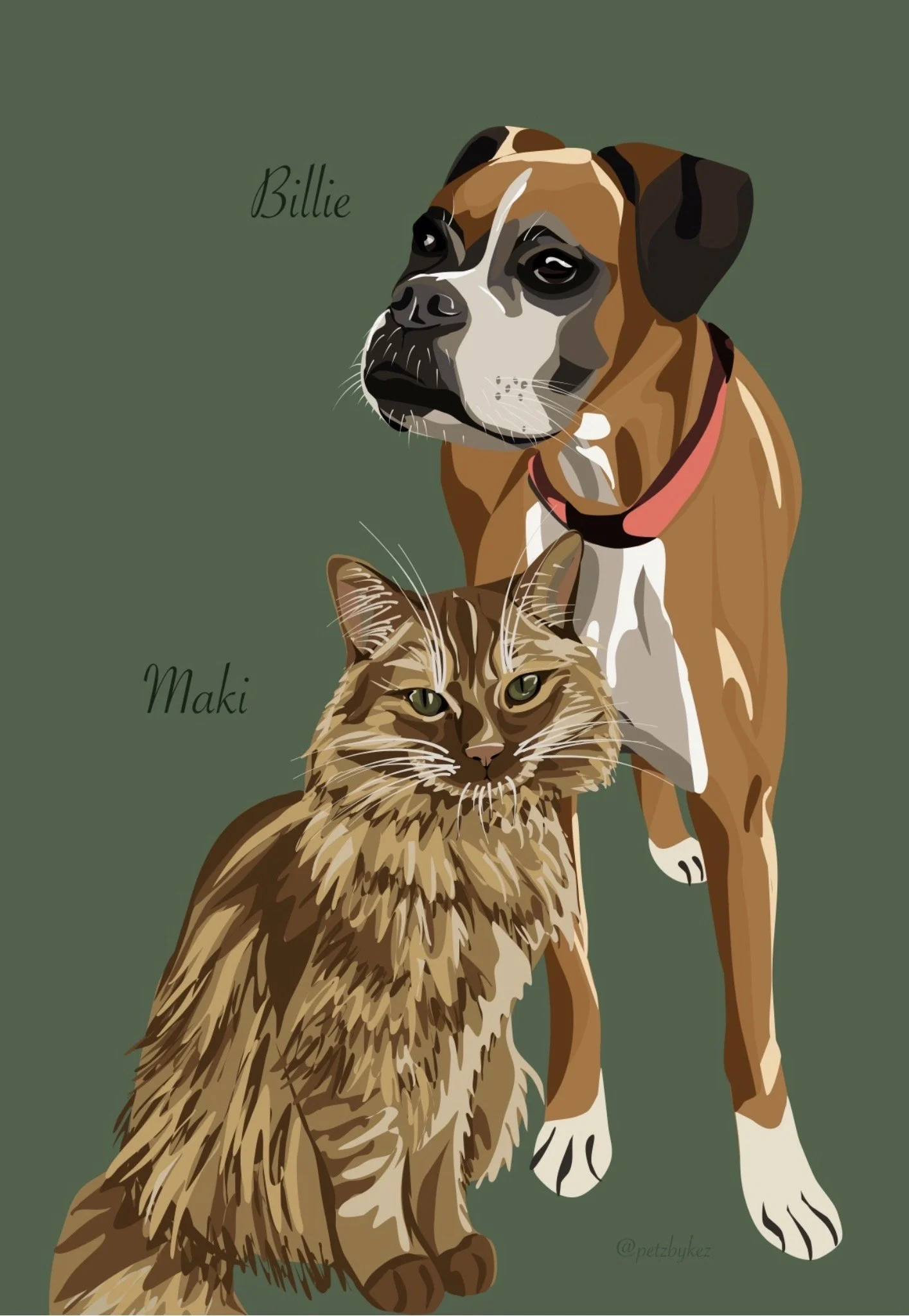 Digital illustration of a Boxer dog with brown and white fur and a serious expression, and a Maine Coon cat with long, fluffy brown fur and green eyes, set against a solid green background. The words 'Billie' and 'Maki' are written near the animals.