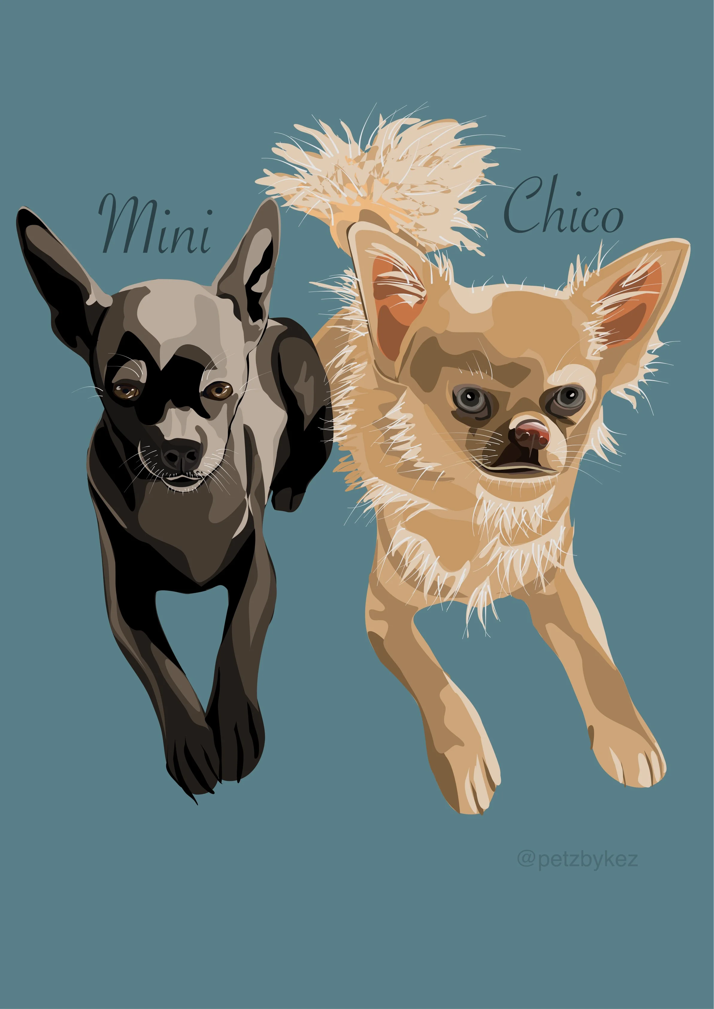 Digital illustration of two small dogs, one with black and gray fur and the other with tan fur, with the words 'Mini' and 'Chico' above them. Background is muted blue.