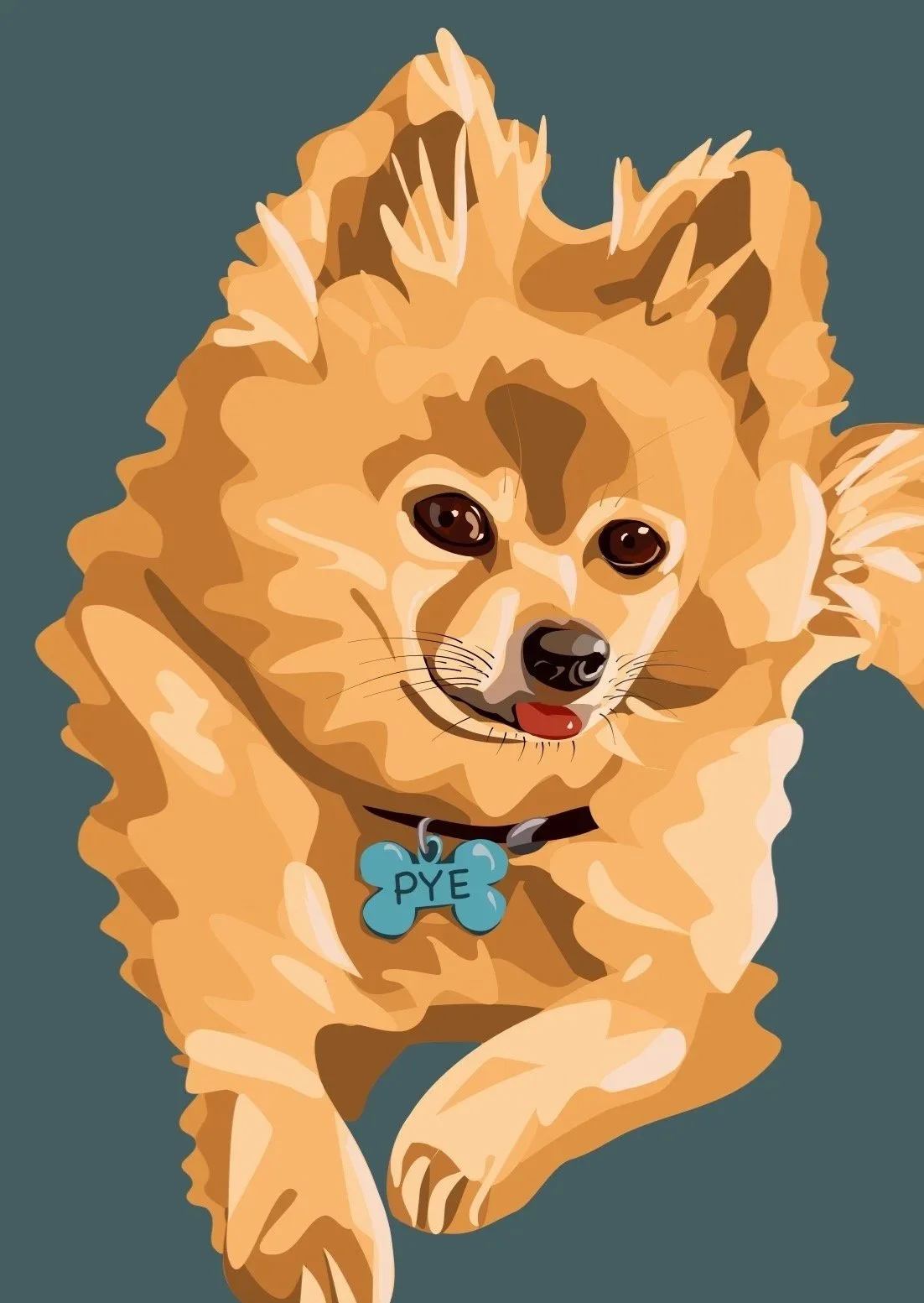 Illustration of a small, fluffy, tan-colored dog with a blue bone-shaped tag that says 'PYE' around its neck, lying down with its paws crossed and a happy expression.