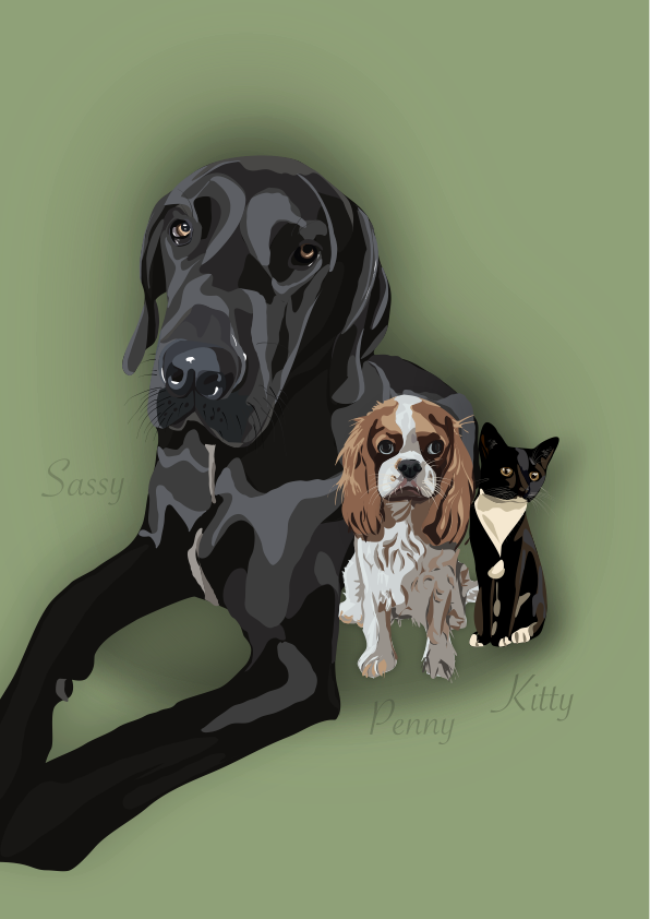 Illustration of two dogs and a cat against a green background. The black dog named Sassy is lying down, the brown and white dog named Penny is sitting, and the black-and-tan cat named Kitty is sitting next to Penny.