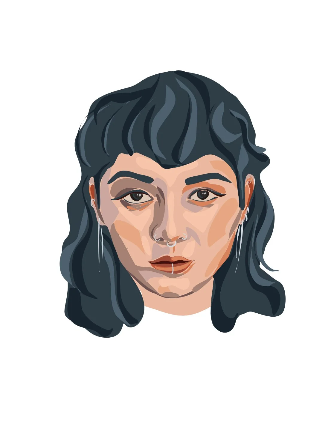 Digital illustration of a woman with dark wavy hair, makeup, and piercings.