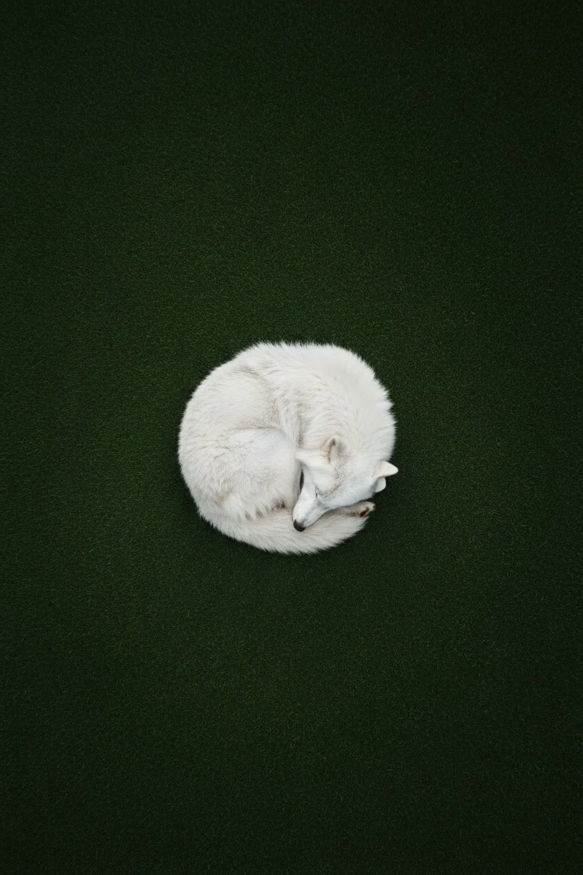 A white dog curled up sleeping on a dark green surface.