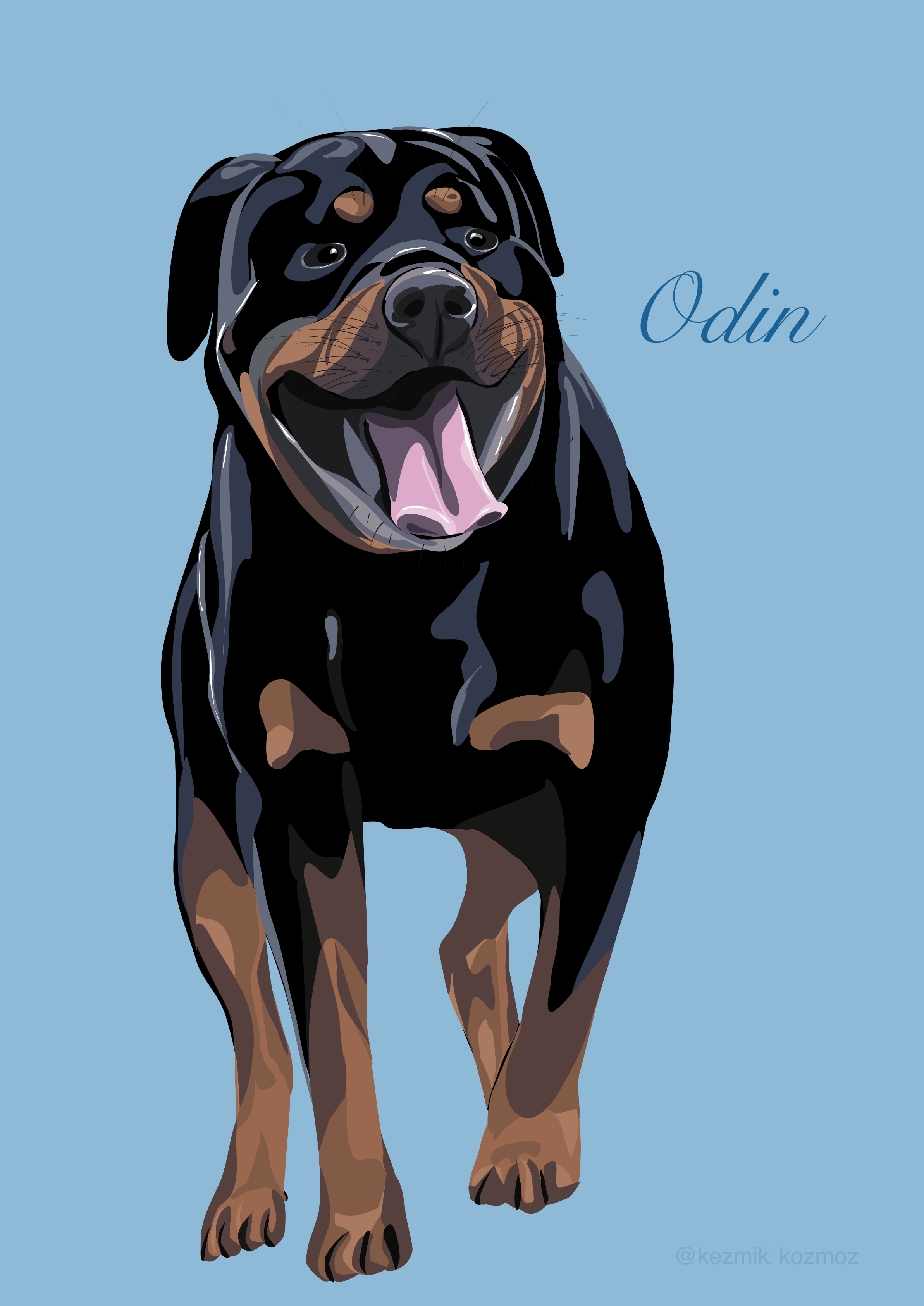 Illustration of a Rottweiler dog standing on a light blue background, with the name "Odin" written in cursive to the right.
