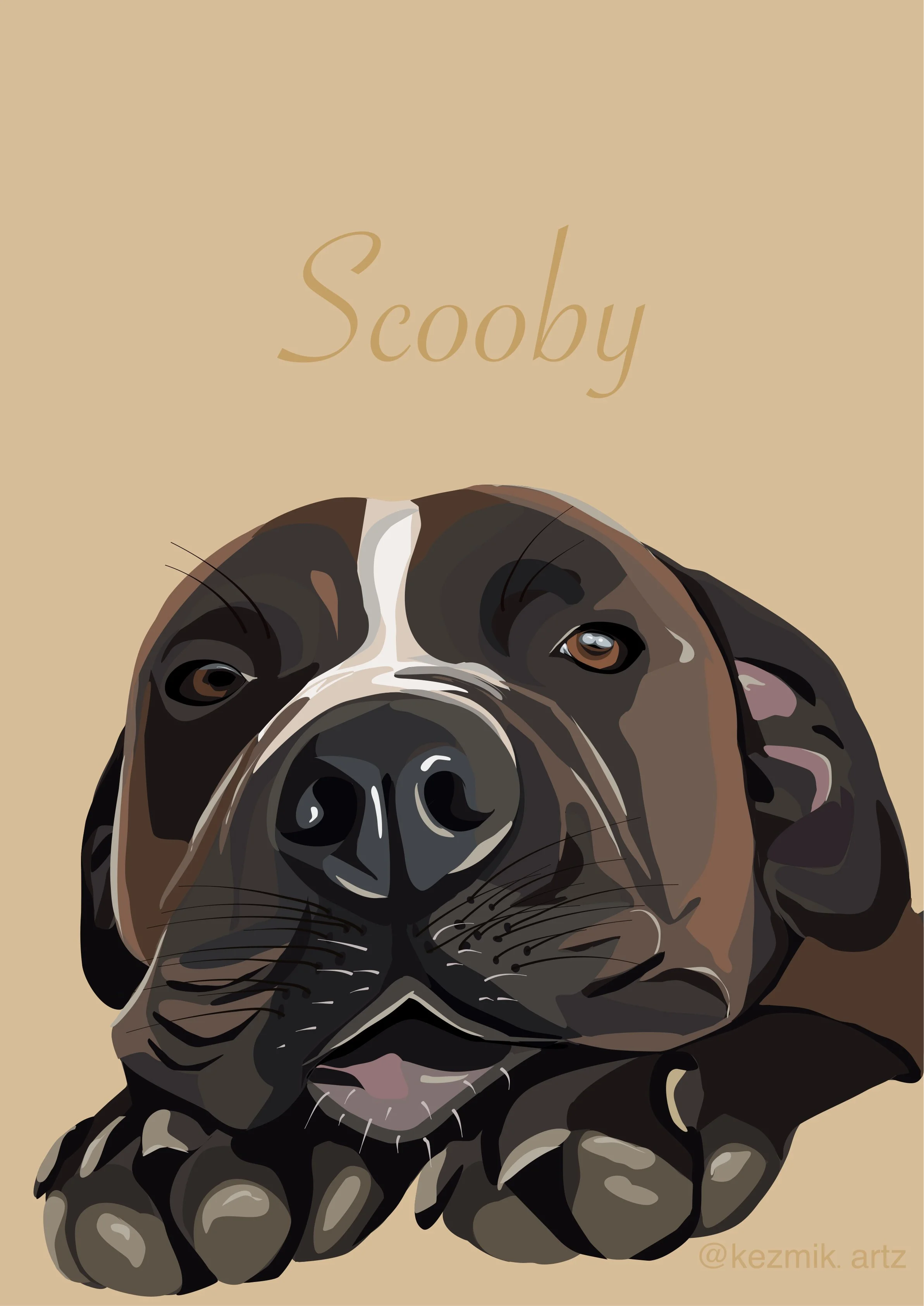 Digital illustration of a puppy's face with the text 'Scooby' above it on a beige background.
