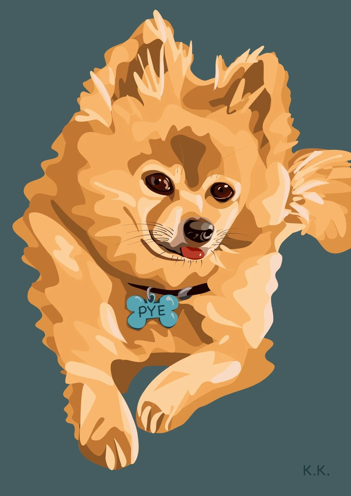Digital illustration of a small, fluffy, tan-colored dog with dark eyes, black nose, and slightly open mouth showing tongue, wearing a blue collar with a bone-shaped tag labeled "PYE."