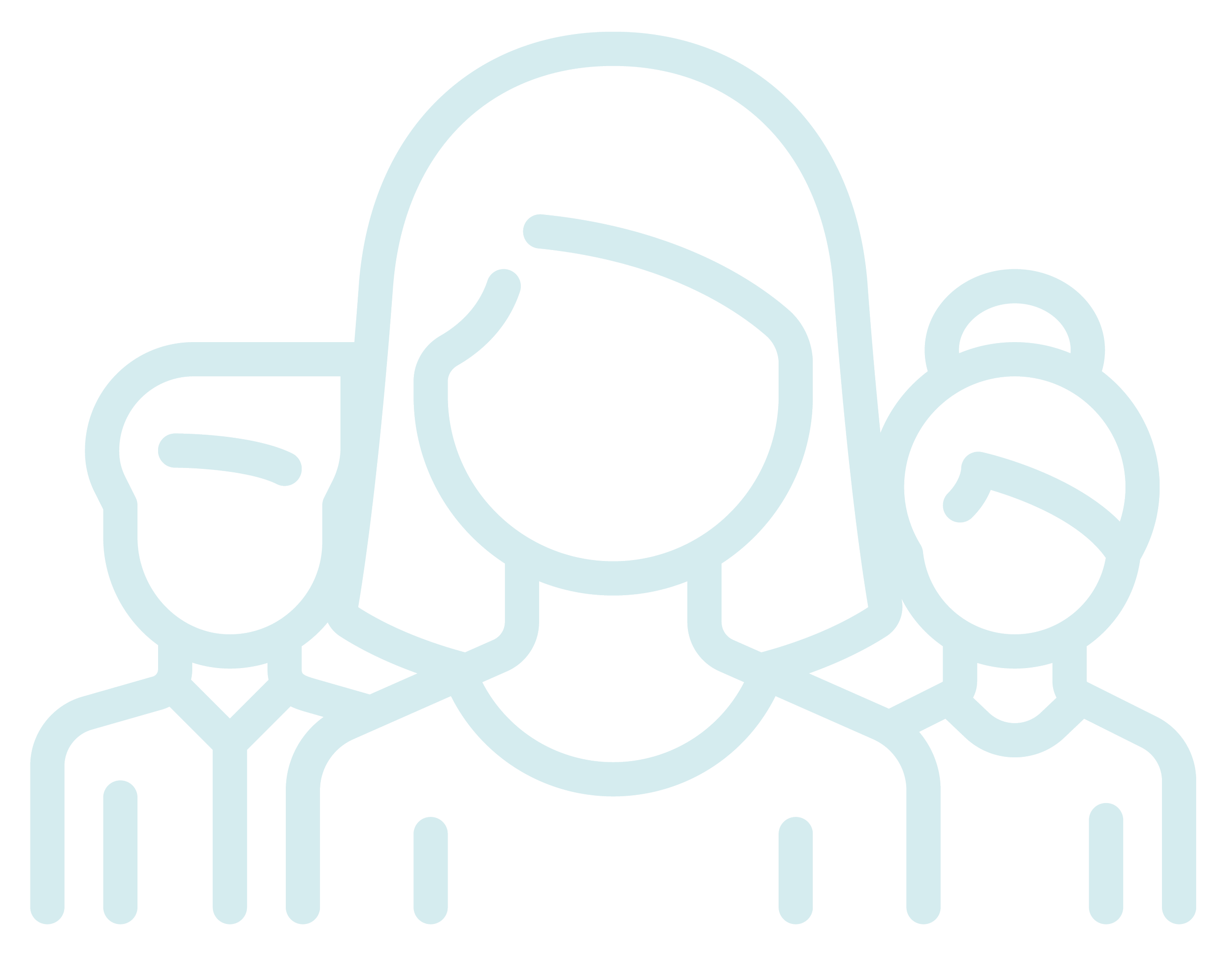 A digital illustration of a person with curly hair holding a cup, surrounded by four smaller cups, all outlined in light blue on a black background.