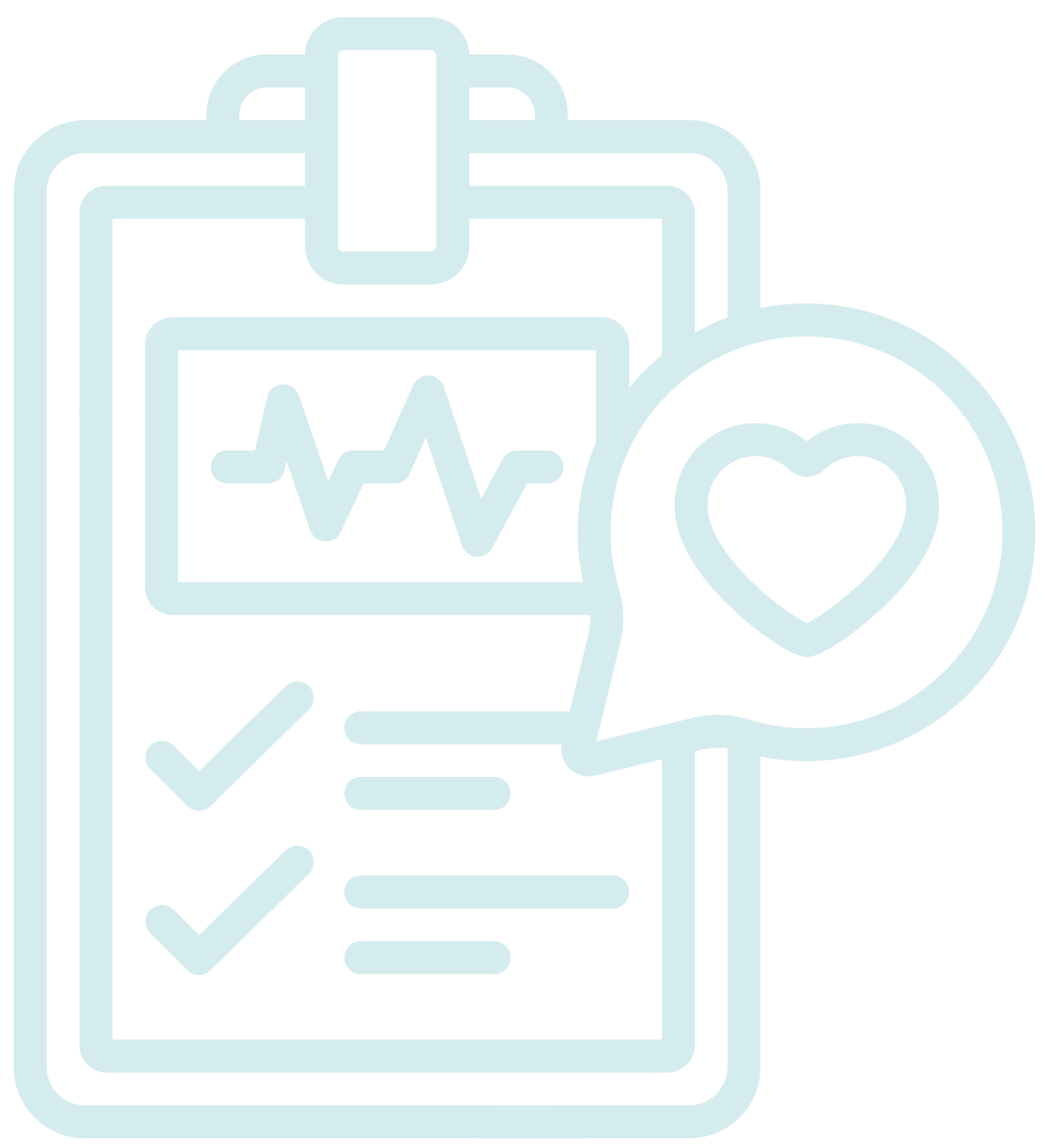 Illustration of medical-related items including a microscope, a documentary film strip with heartbeat line, a magnifying glass, a heart, and a pill.