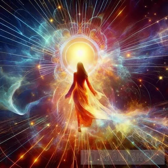 A woman walking into a luminous, colorful cosmic explosion with vibrant light streaks and abstract cosmic patterns.