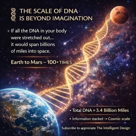 Infographic about DNA scale comparing human DNA to the distance from Earth to Mars, showing Earth's surface, a DNA helix, the Moon, and stars in space. Text explains DNA length and cosmic scale.