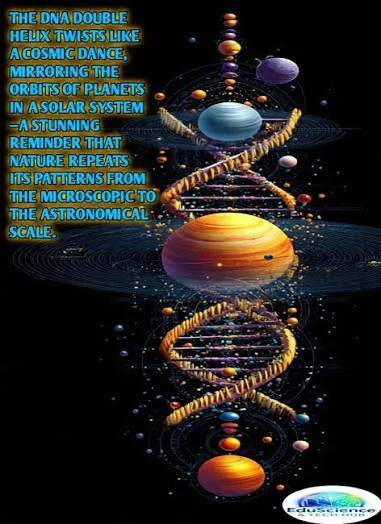Illustration of a DNA double helix entwined with a galaxy and planetary system, with colorful planets and cosmic elements, symbolizing the connection between DNA and the universe.
