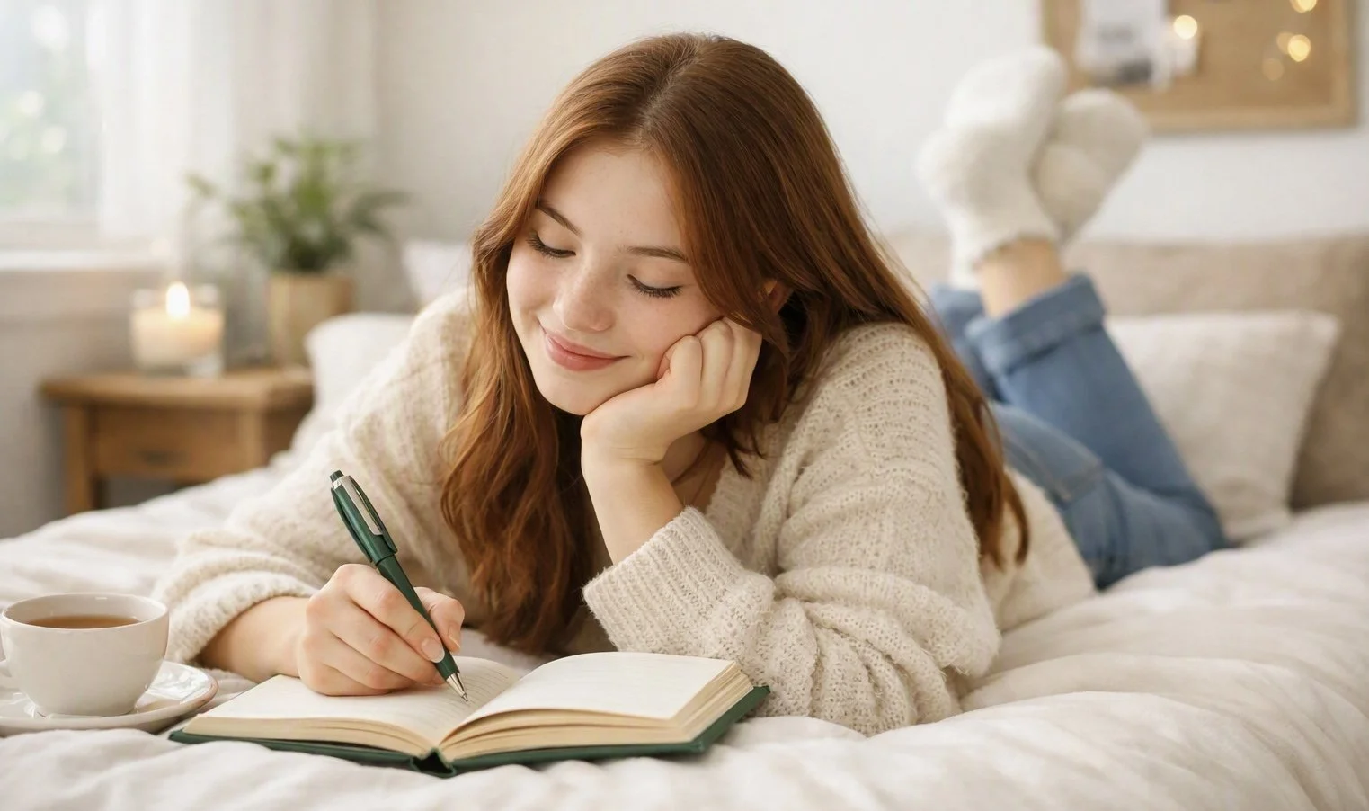 A young woman with red hair lies on a bed, smiling, as she writes in an open notebook with a green pen, with a cup of tea nearby, in a cozy bedroom setting.