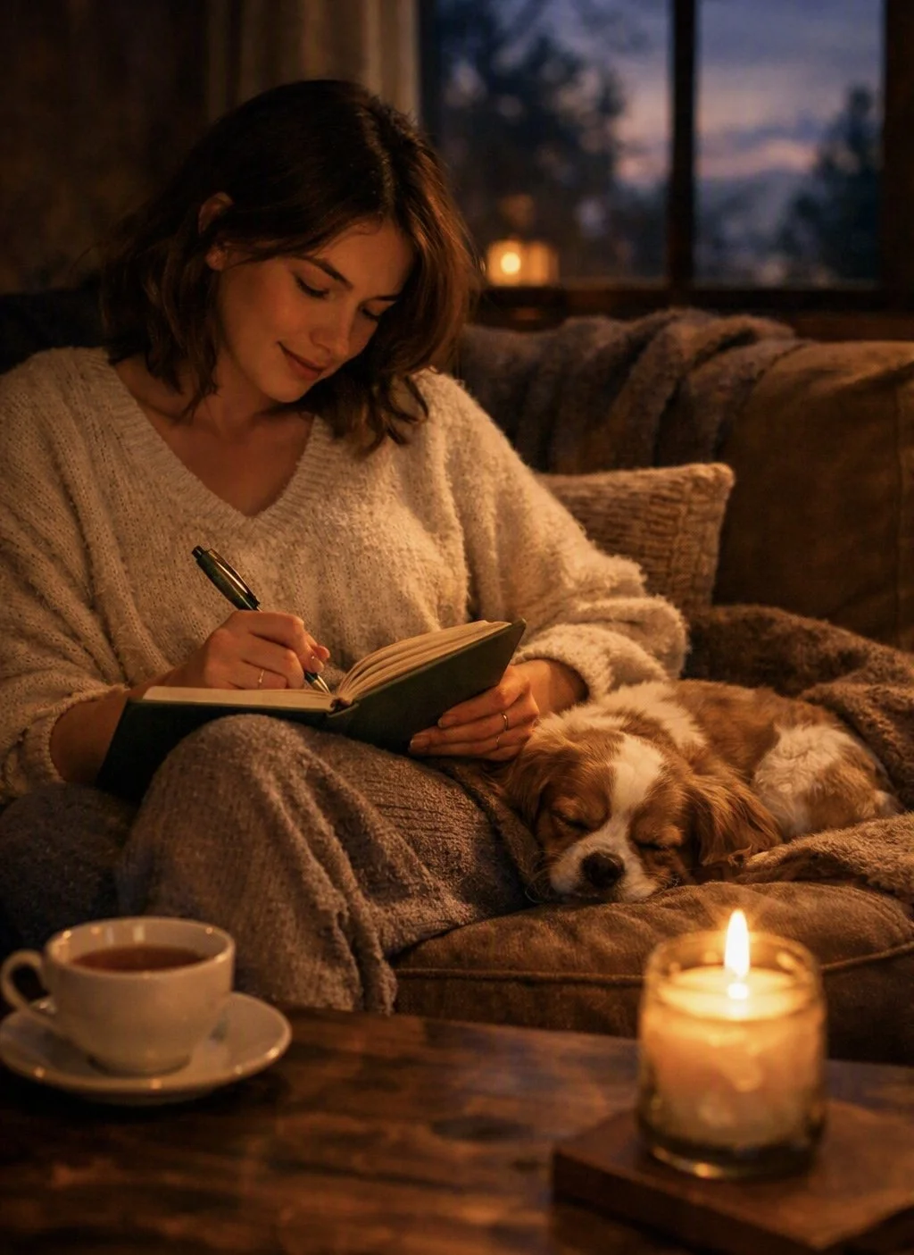 A woman sitting on a cozy couch inside a warmly lit room, writing in a notebook, with a small dog sleeping beside her. A lit candle, a cup of coffee, and a window showing a twilight sky are also visible.