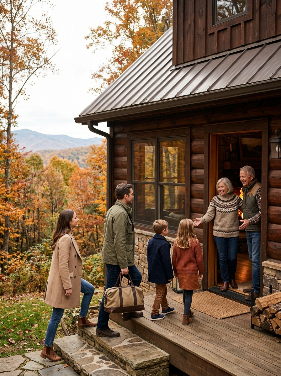 A family greeting two older adults at the door of a log cabin in a wooded, autumn landscape.