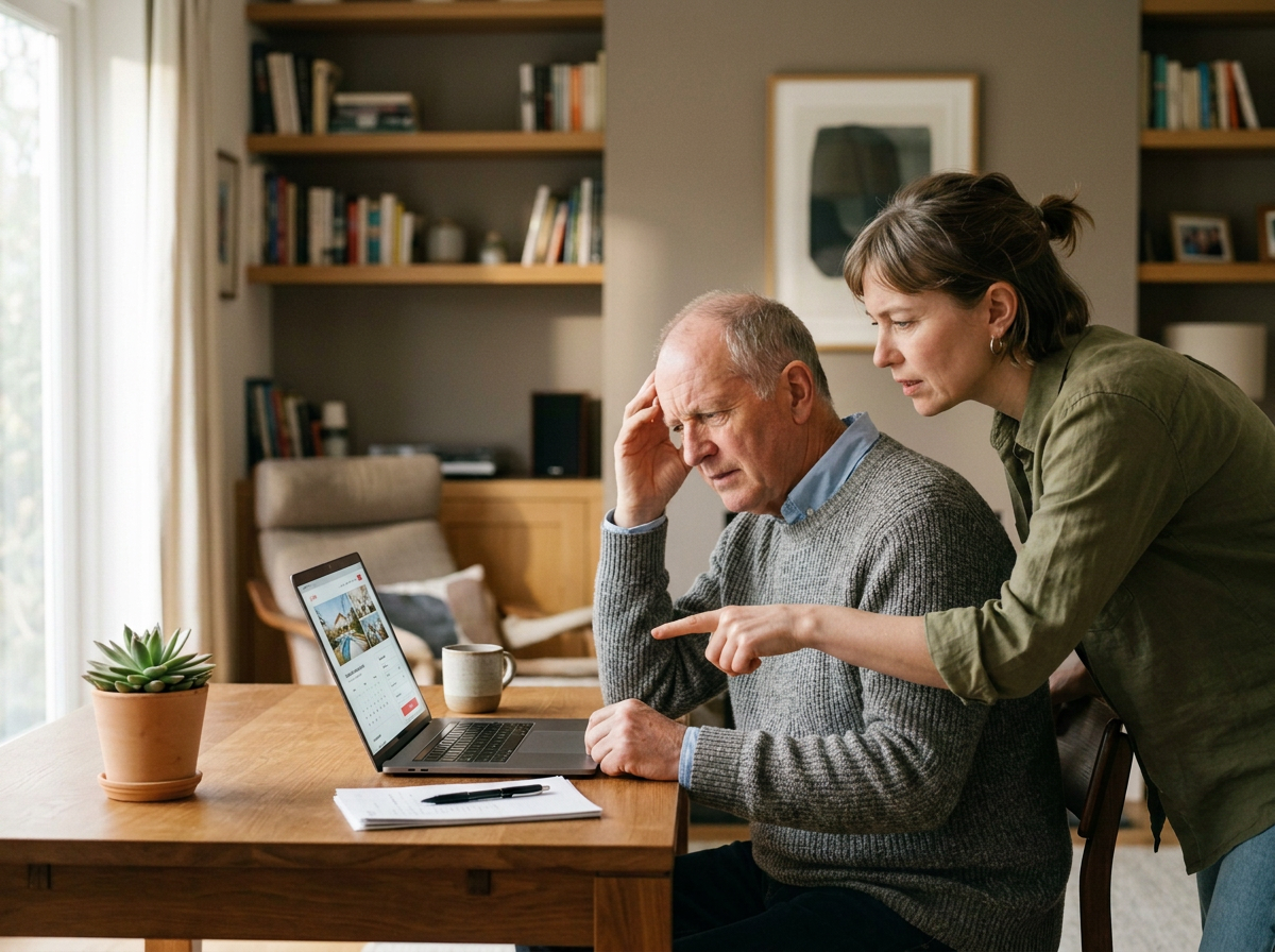 A woman is standing and pointing at a laptop screen while talking to an elderly man sitting at a wooden table. The man appears frustrated or confused, holding his head.