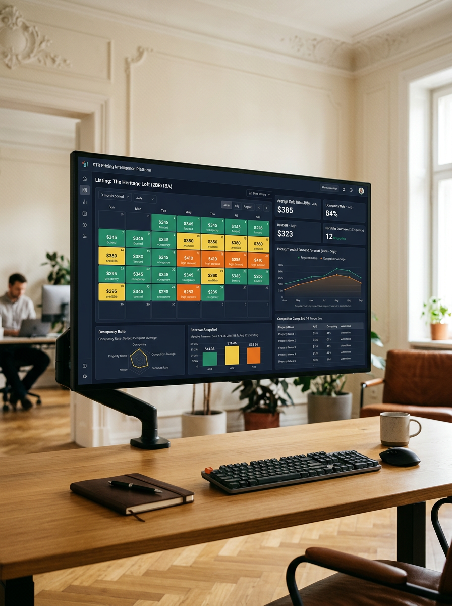 A computer monitor on a wooden desk displaying a real estate analytics dashboard with various charts and data. The workspace includes a keyboard, mouse, a closed notebook, and a coffee mug. The room is well-lit with natural light and has elegant crown molding and large windows.