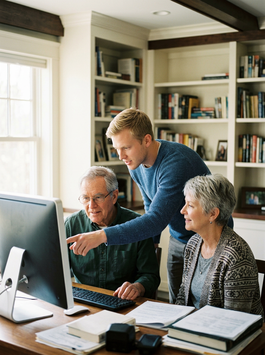 A young man helps an elderly man and woman with something on a computer in a home office with bookshelves and lots of books.