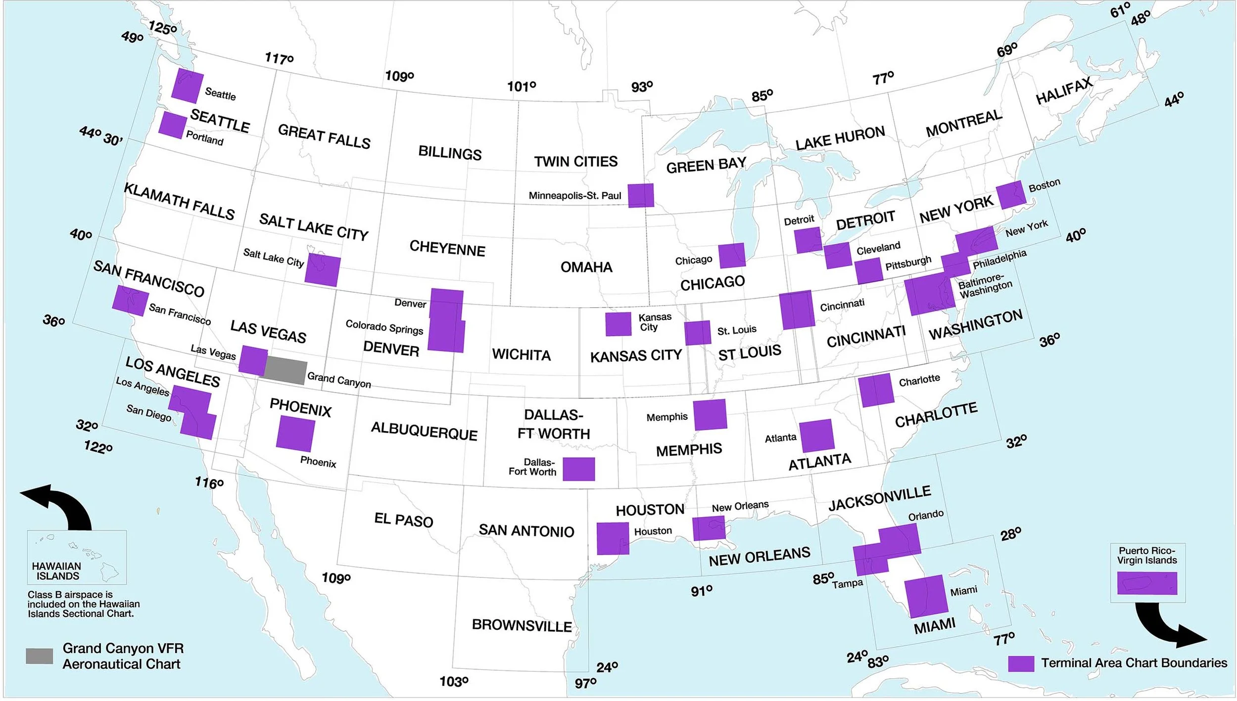 A map of the United States showing airport and terminal area boundaries marked in purple, with labels for major cities and landmarks. The map includes sections for the Hawaiian Islands and Puerto Rico-Virgin Islands.
