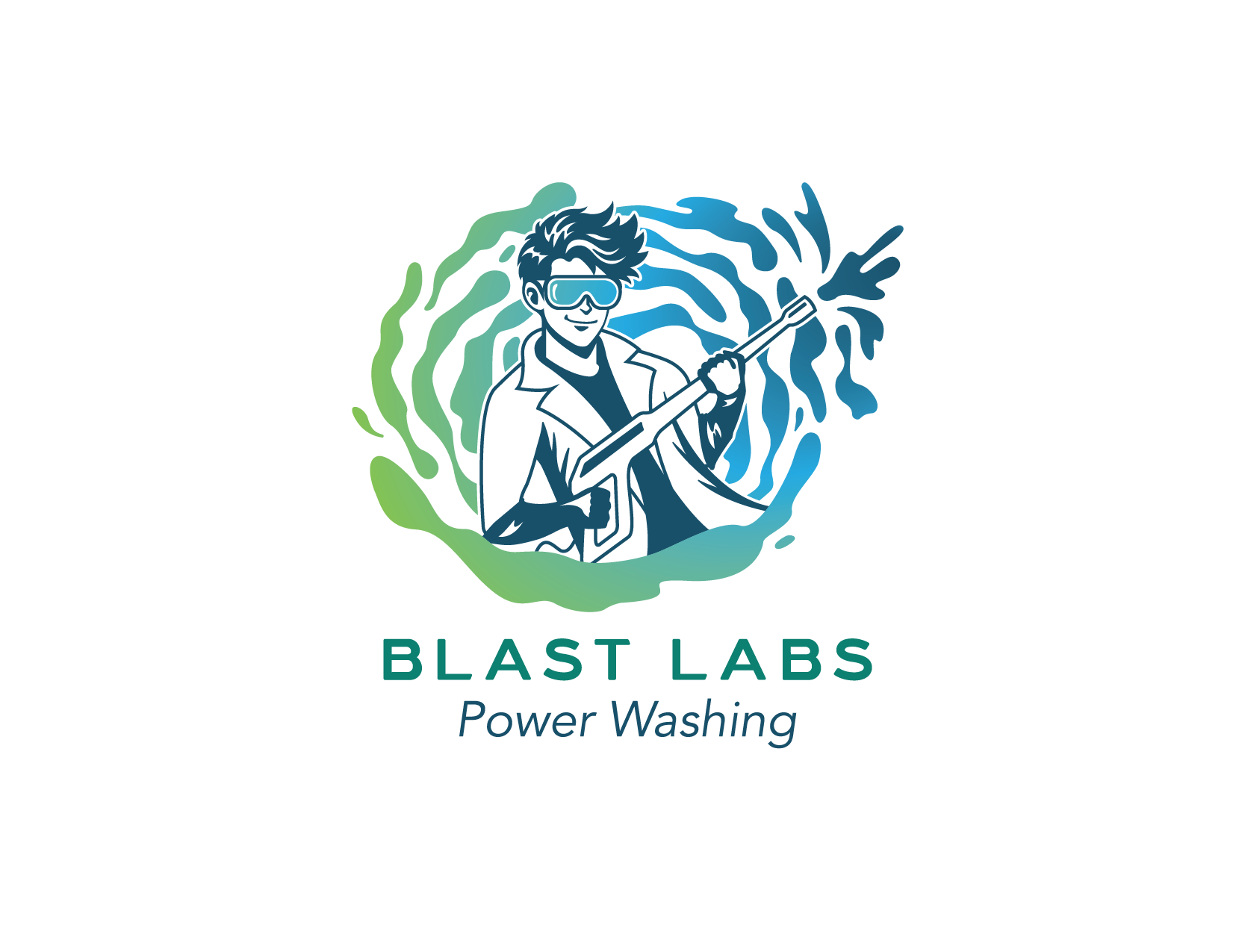 Illustration of a person in a lab coat and goggles holding a power washing wand.