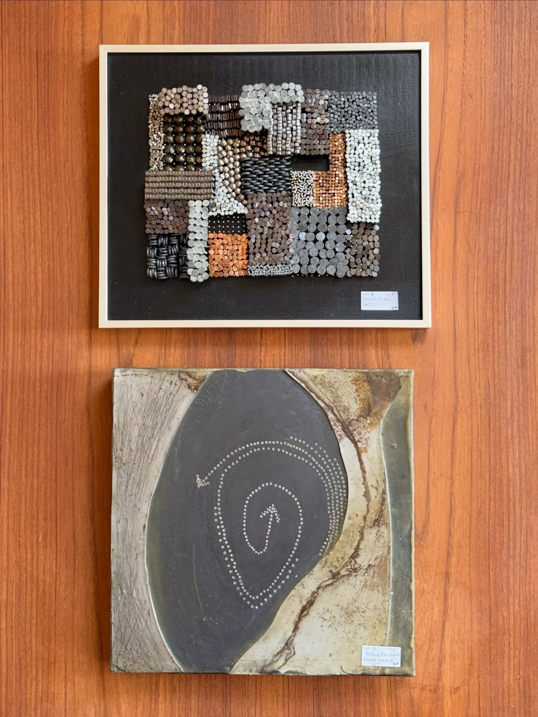 object(s) of the day ‼️

brutalist nail art piece (~12&rdquo; x 13&rdquo;)
$189

mixed media piece by Gillian Farnsworth (~12&rdquo; x 12&rdquo;)
$95

both brought in by @thrftmrkt 

so many great unique artworks in here! worth a trip if you have a w
