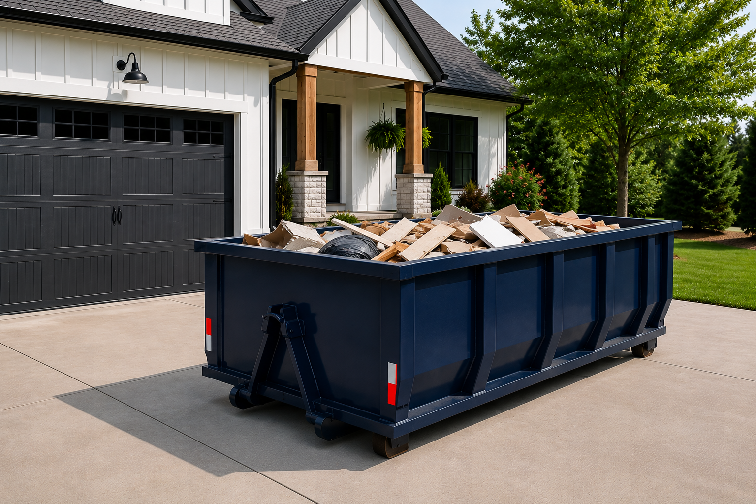 navy-blue 10-yard roll-off dumpster sitting in a clean suburban driveway